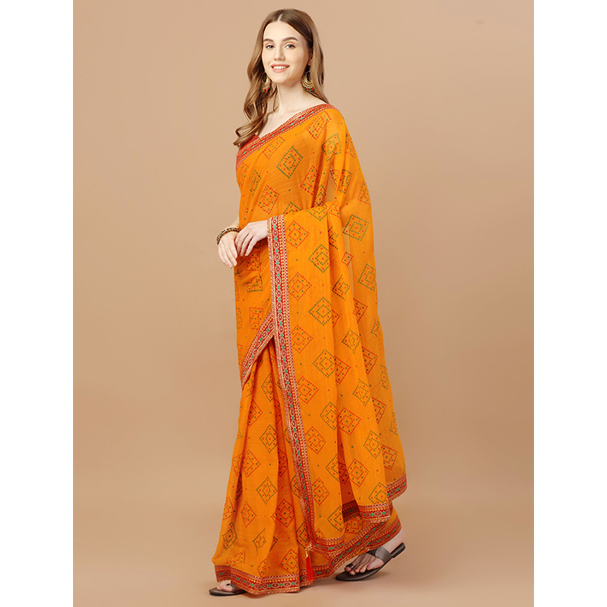 Yellow Bandhani Printed Chiffon Saree