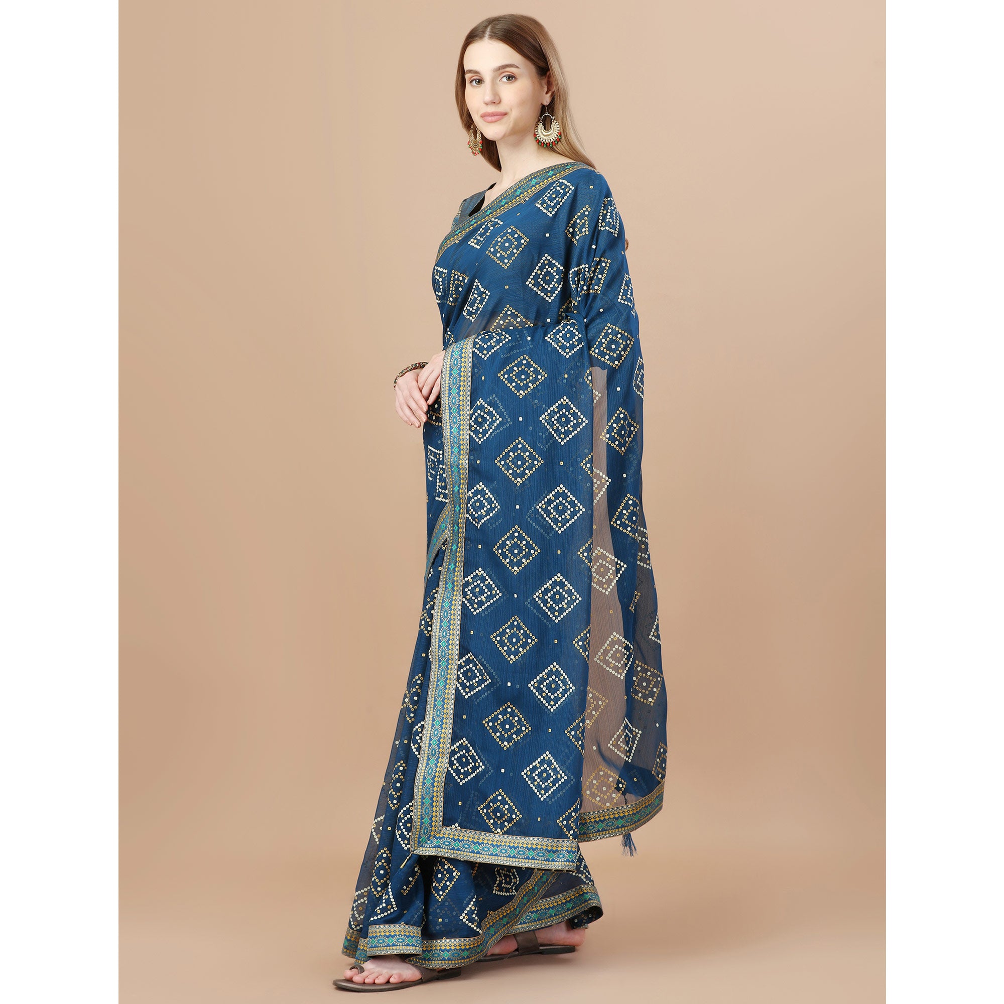 Blue Bandhani Printed Chiffon Saree