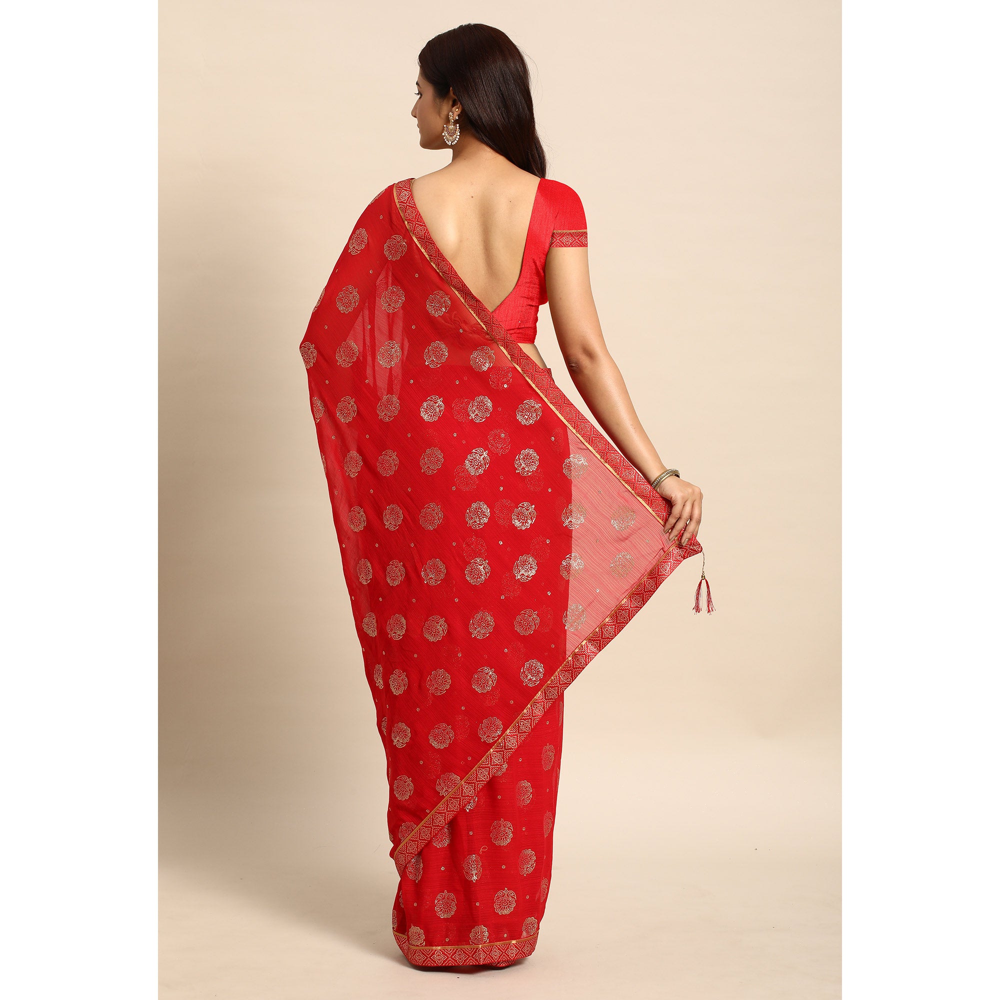 Red Foil Printed With Embellished Chiffon Saree