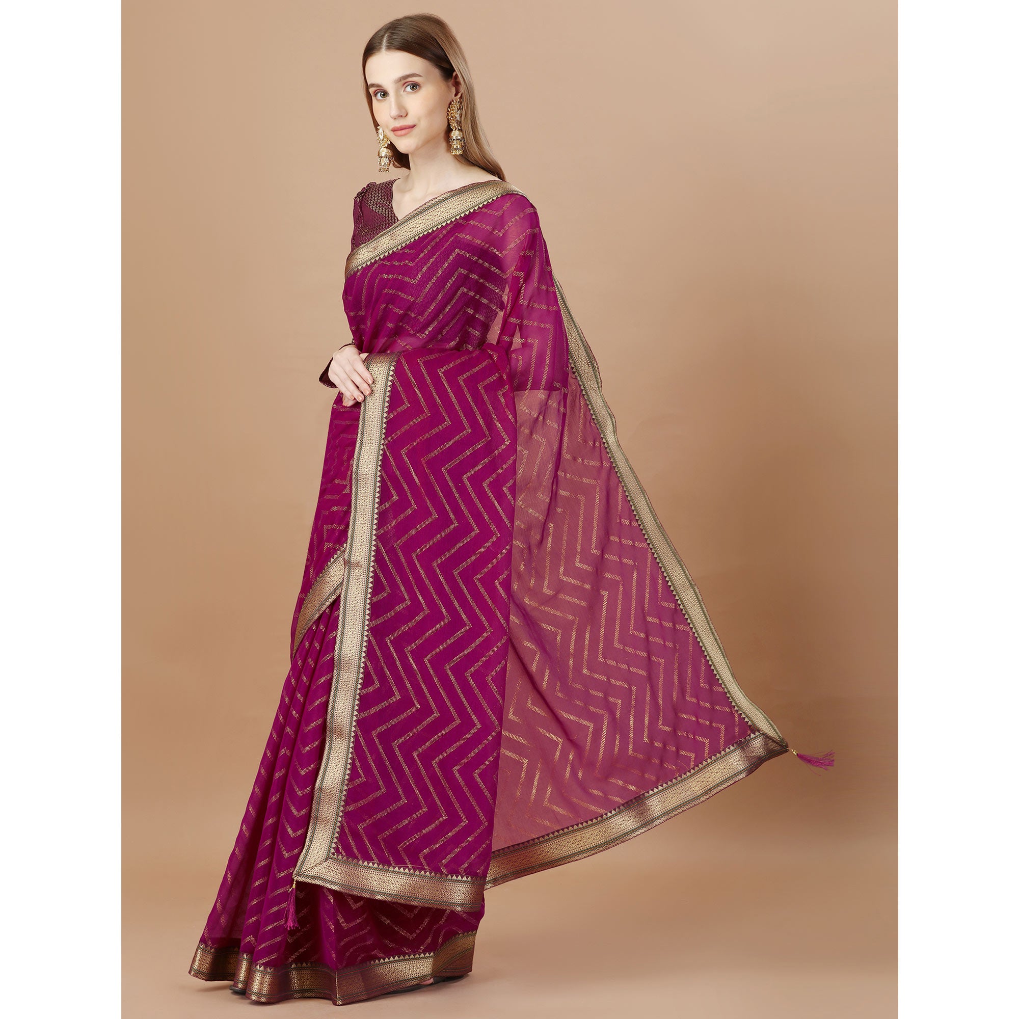 Wine Foil Printed Chiffon Saree With Lace Border