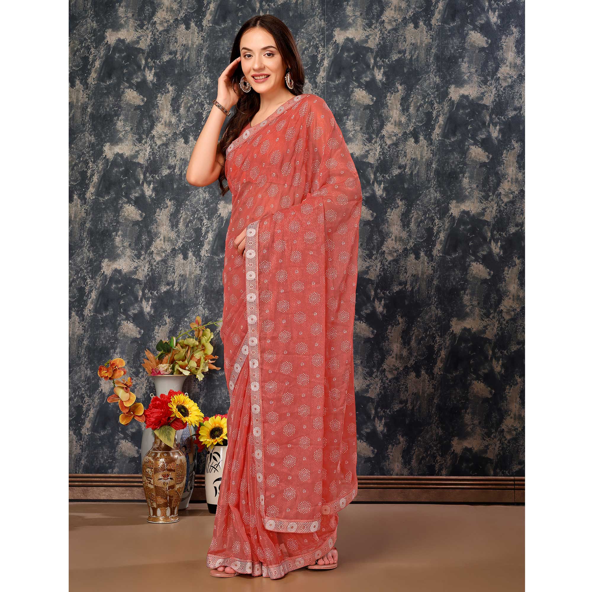 Peach Printed Chiffon Saree With Lace Border