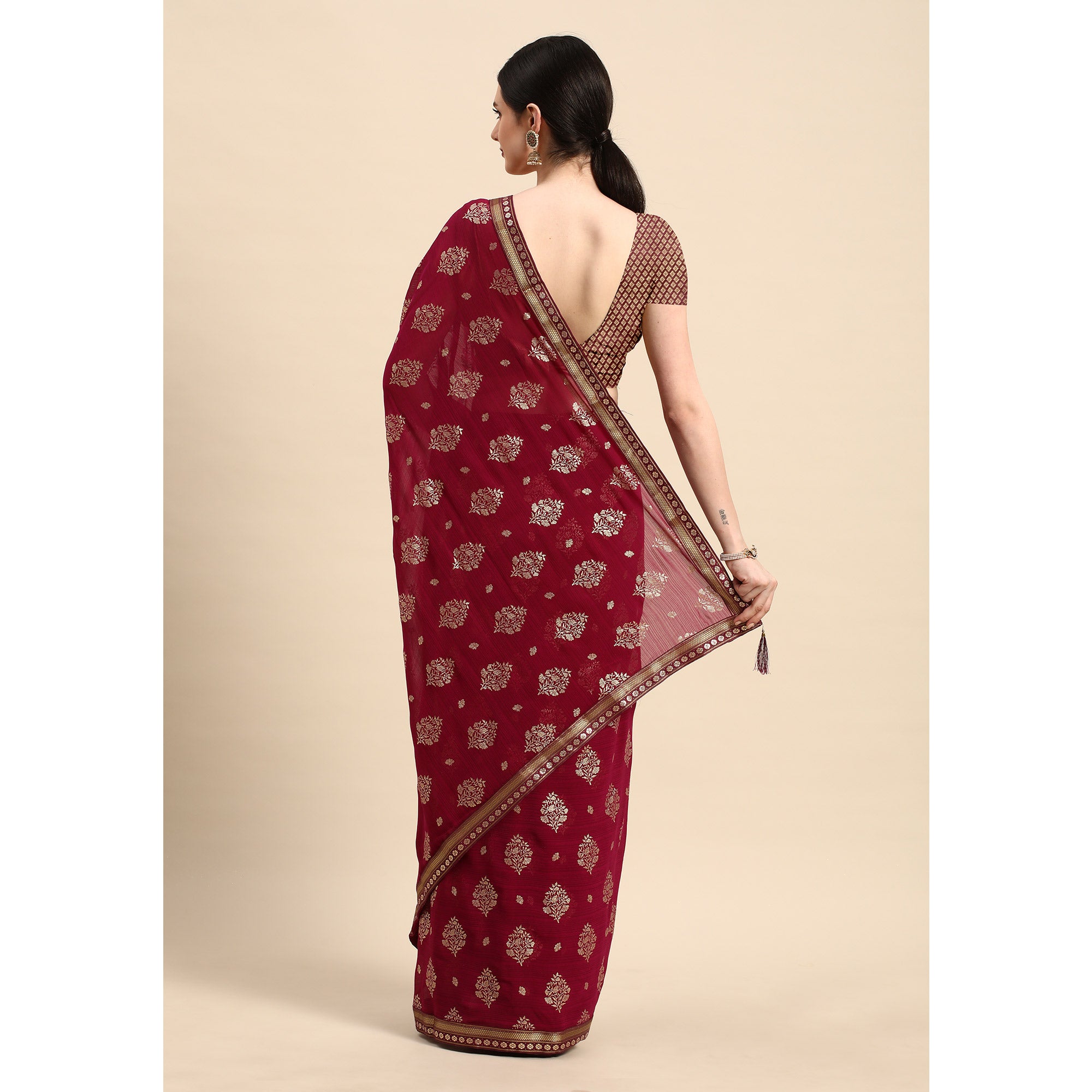 Wine Floral Foil Printed Chiffon Saree With Tassels