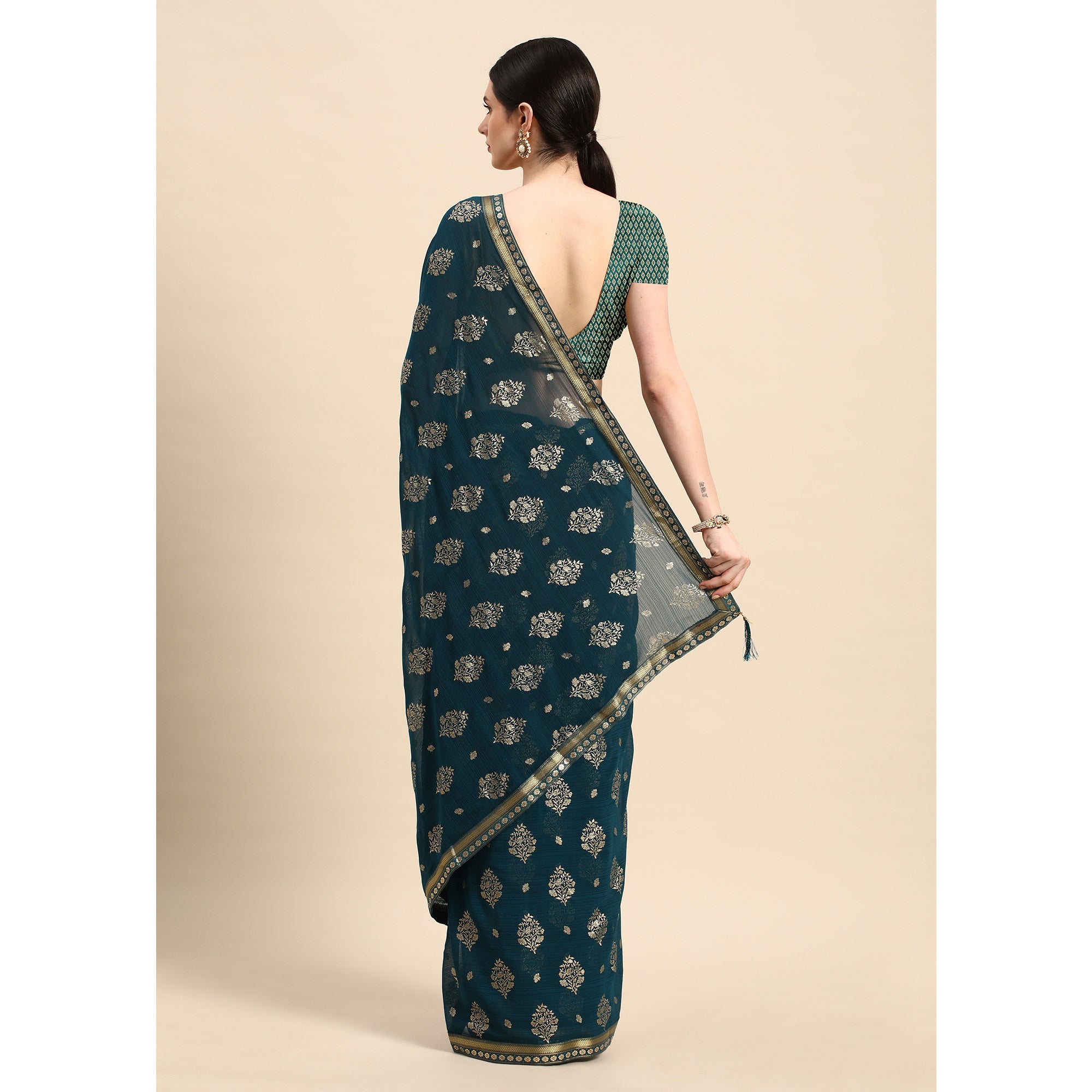 Teal Blue Floral Foil Printed Chiffon Saree With Tassels