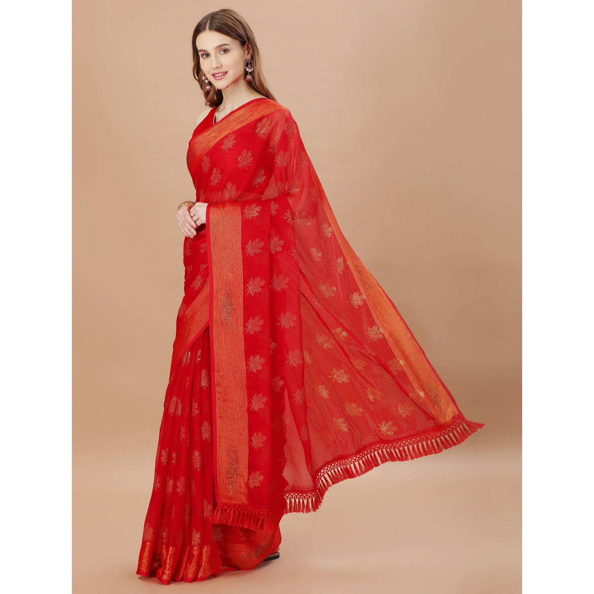 Red Zari Work Chiffon Saree With Tassels