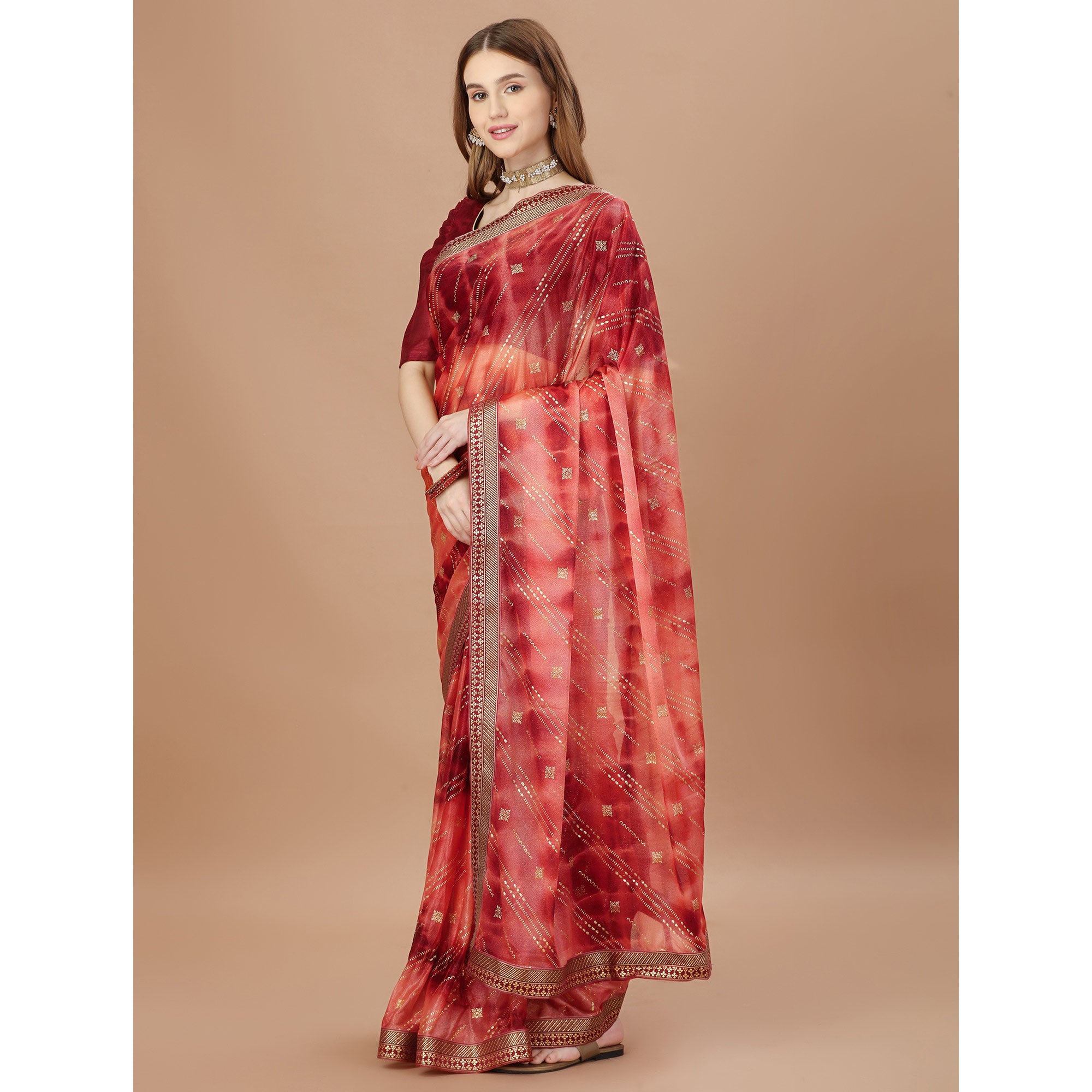 Red Zari Work Chiffon Saree Lace Border