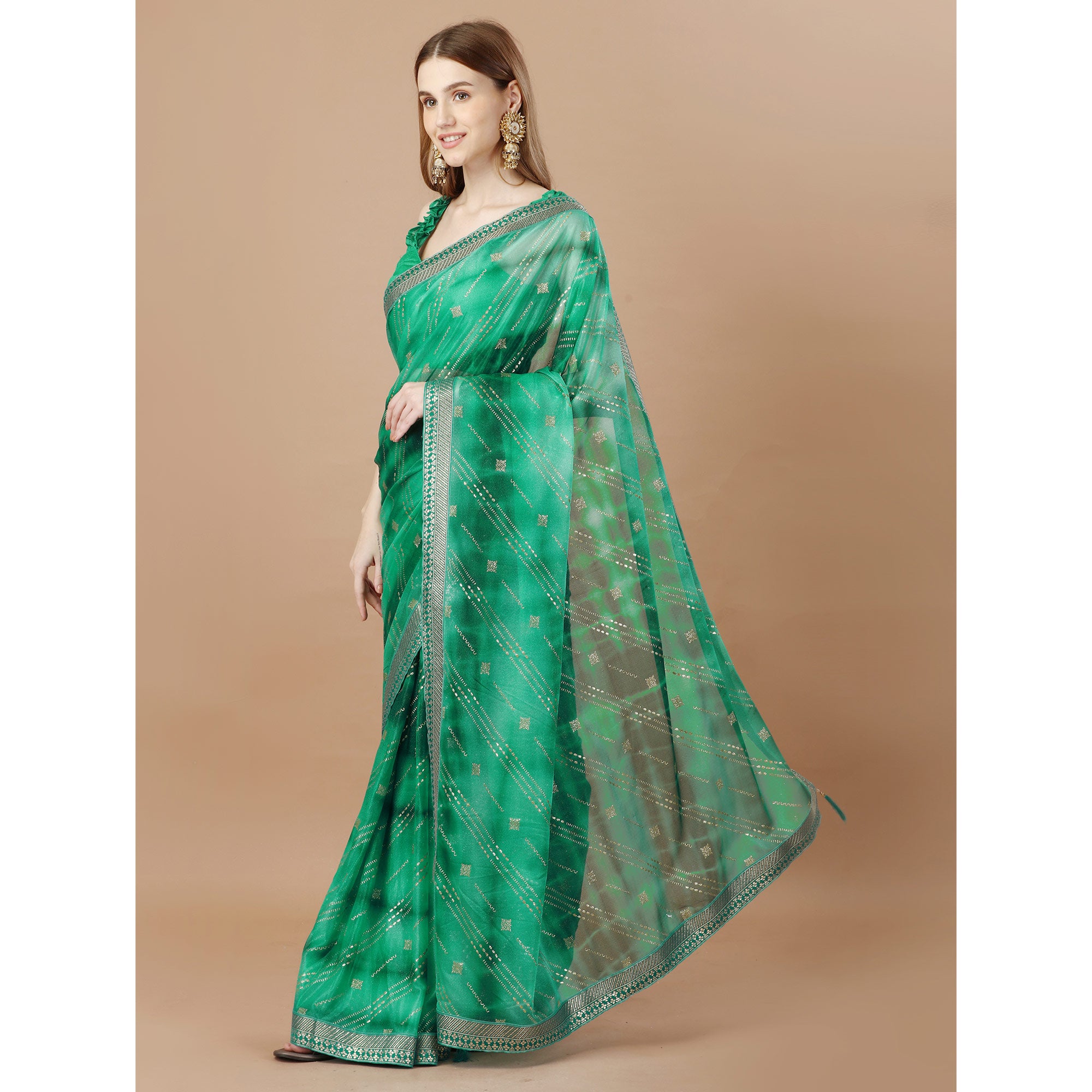 Green Zari Work Chiffon Saree Lace Border