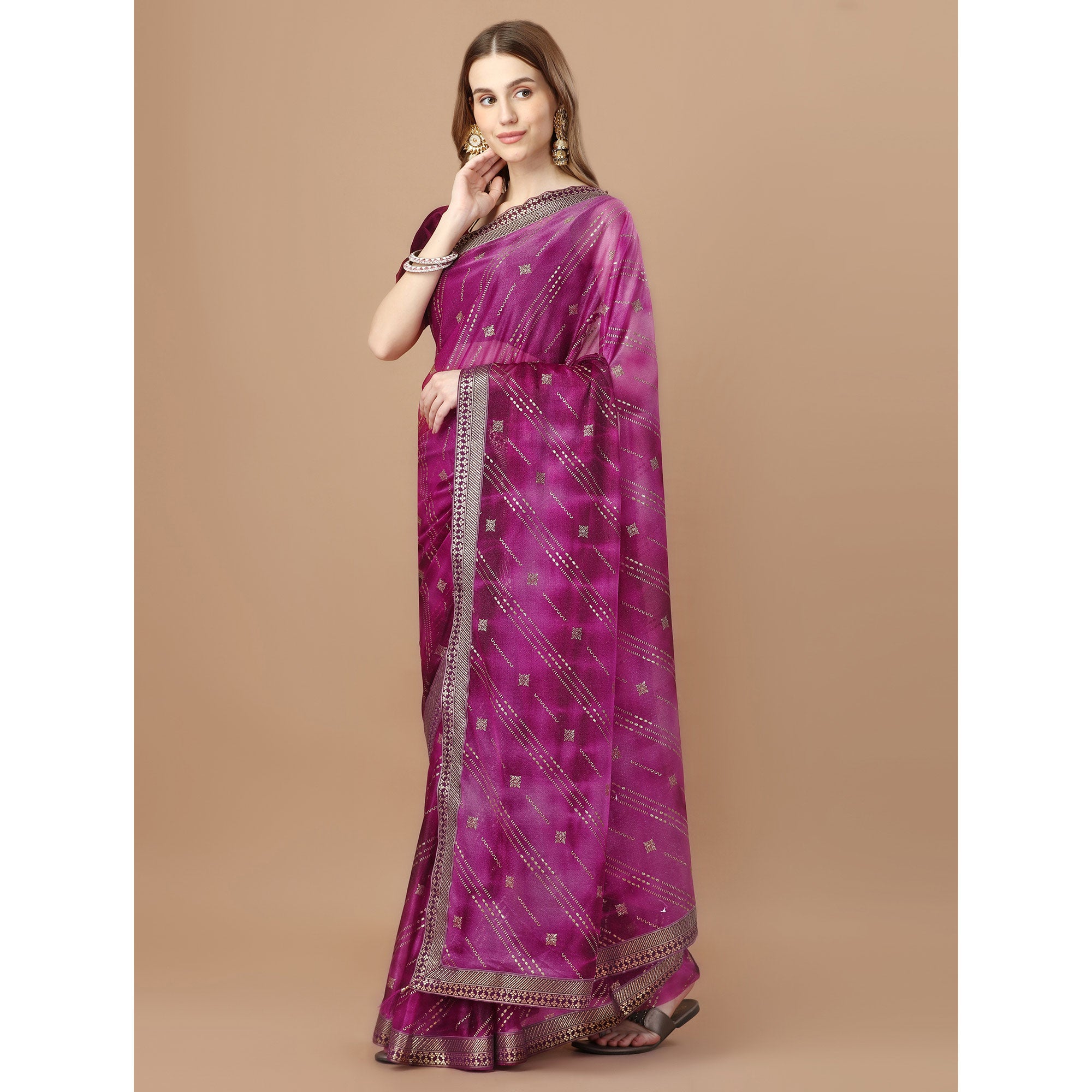Purple Zari Work Chiffon Saree Lace Border