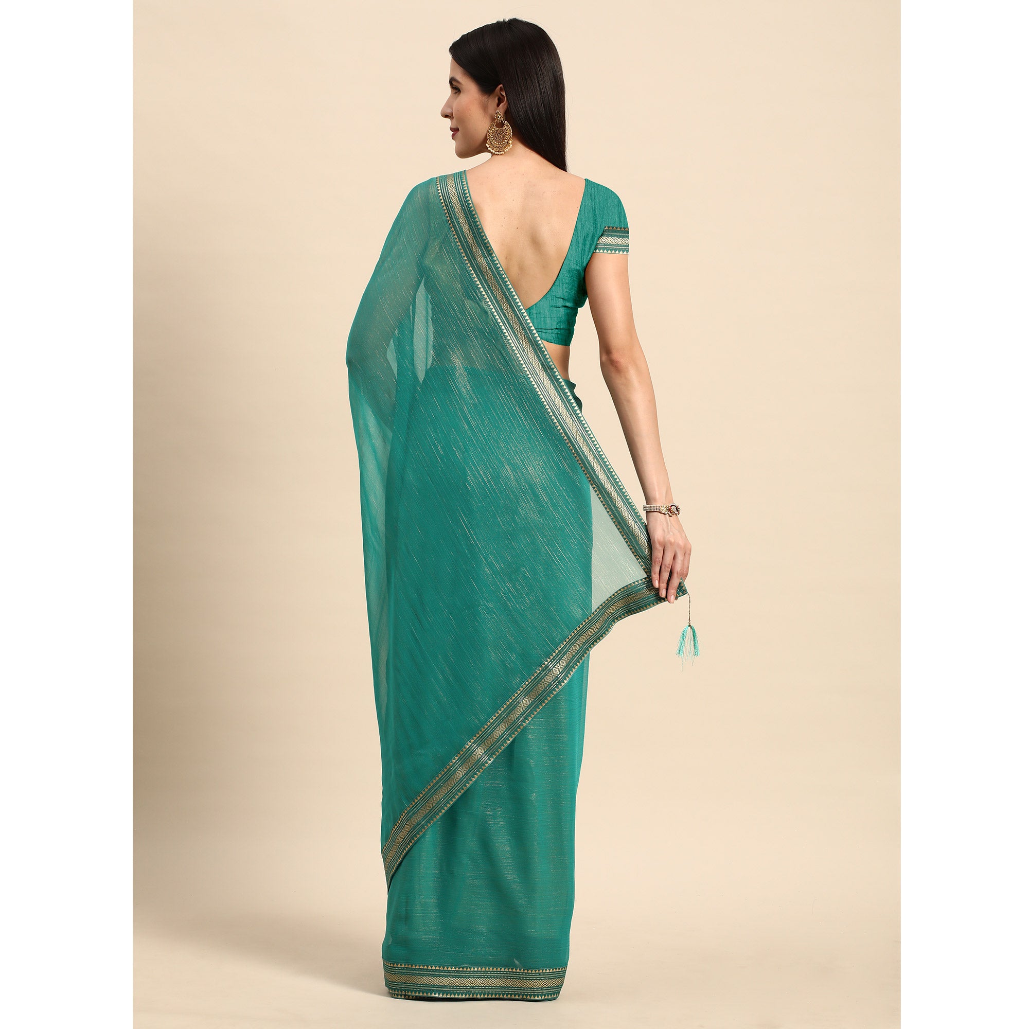 Turquoise Solid With Woven Border Chiffon Saree With Tassels