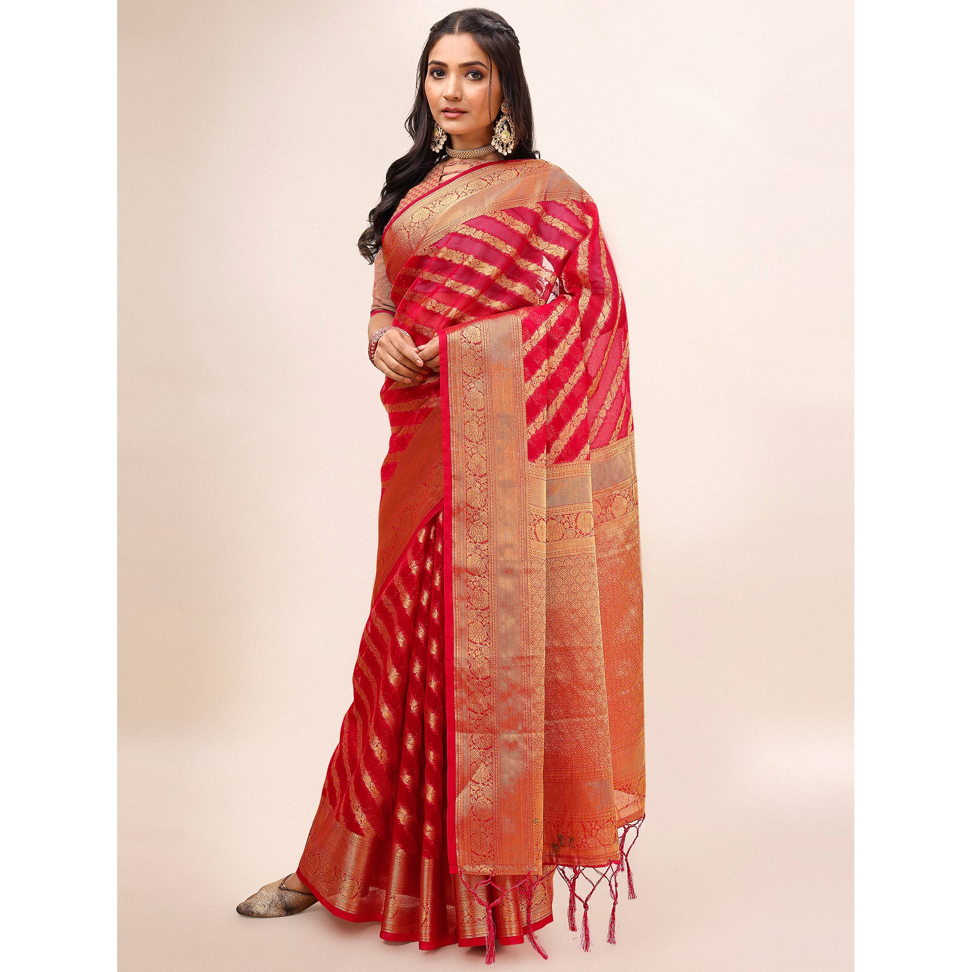 Pink Woven Organza Saree With Tassels