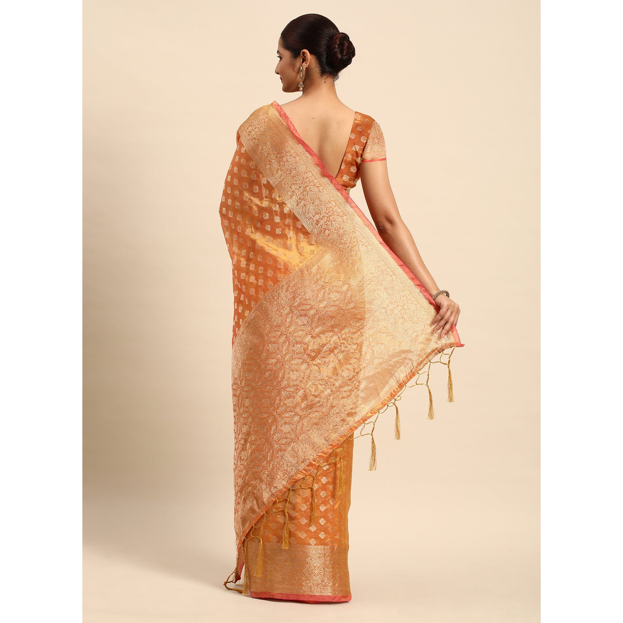 Mustard Woven Organza Silk Saree With Tassels