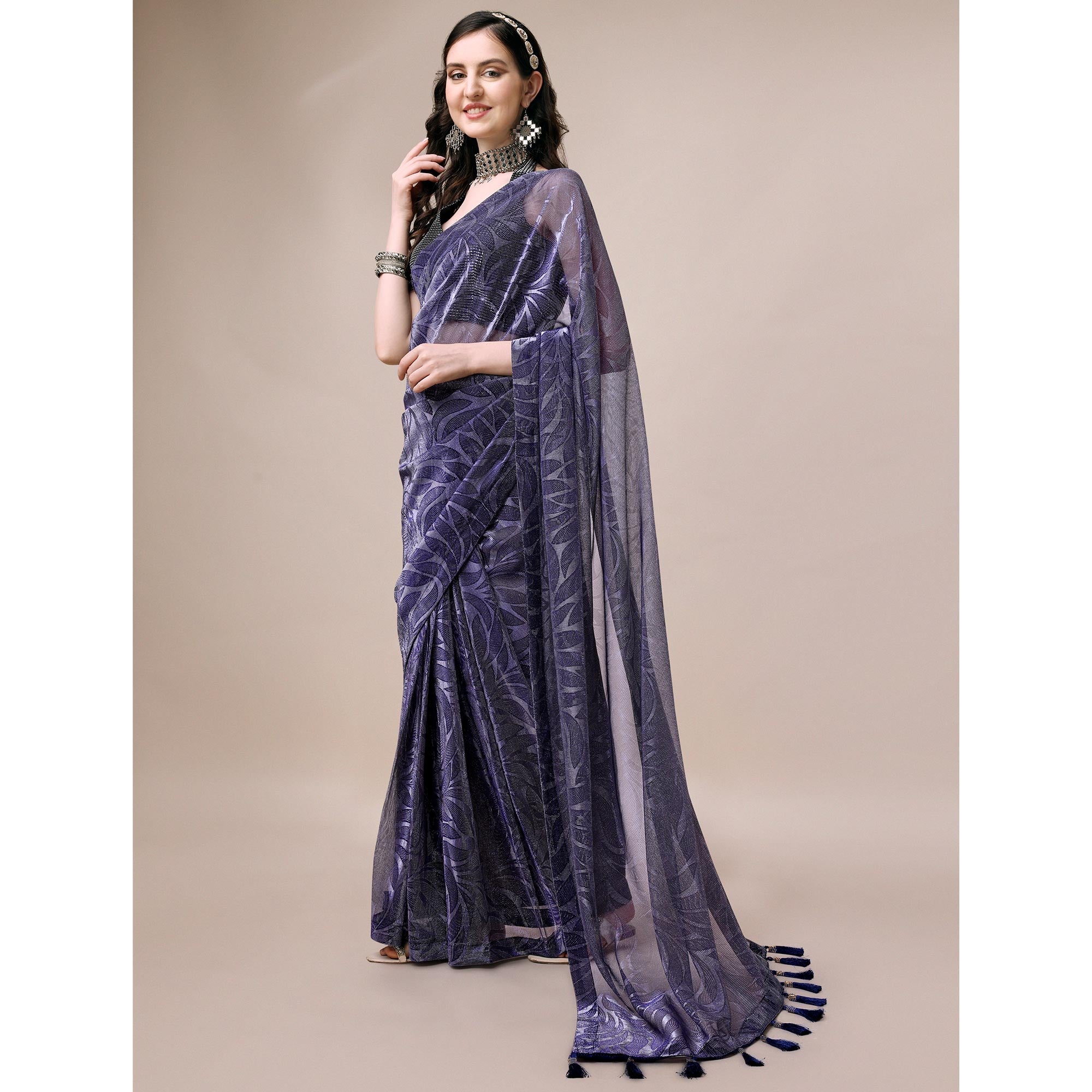 Blue Floral Printed Rayon Saree