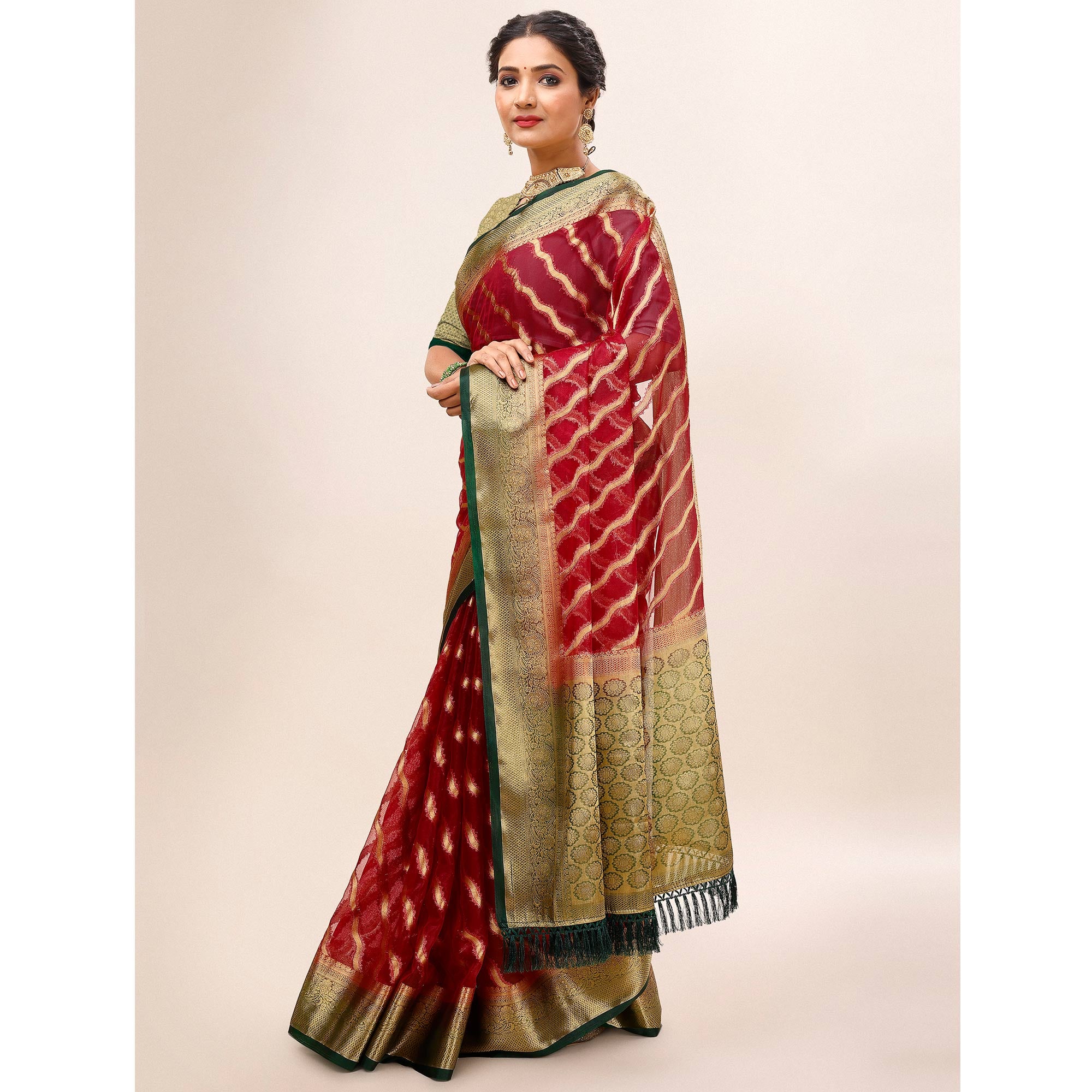 Maroon Woven Organza Saree With Tassels