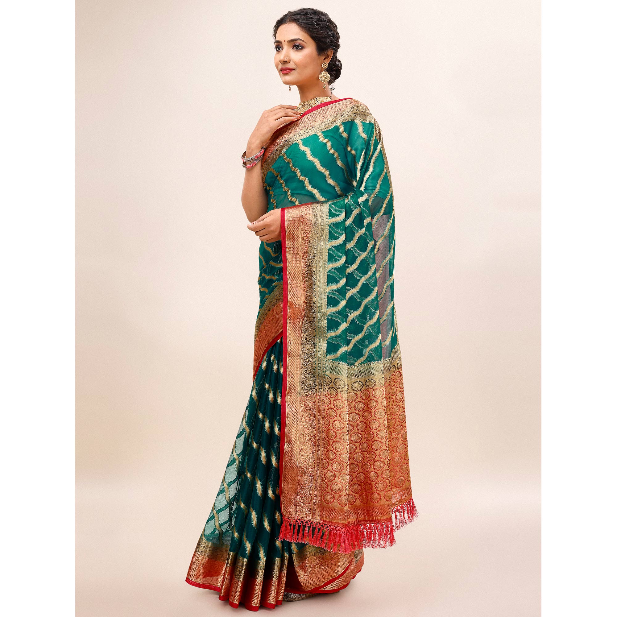Teal Green Woven Organza Saree With Tassels