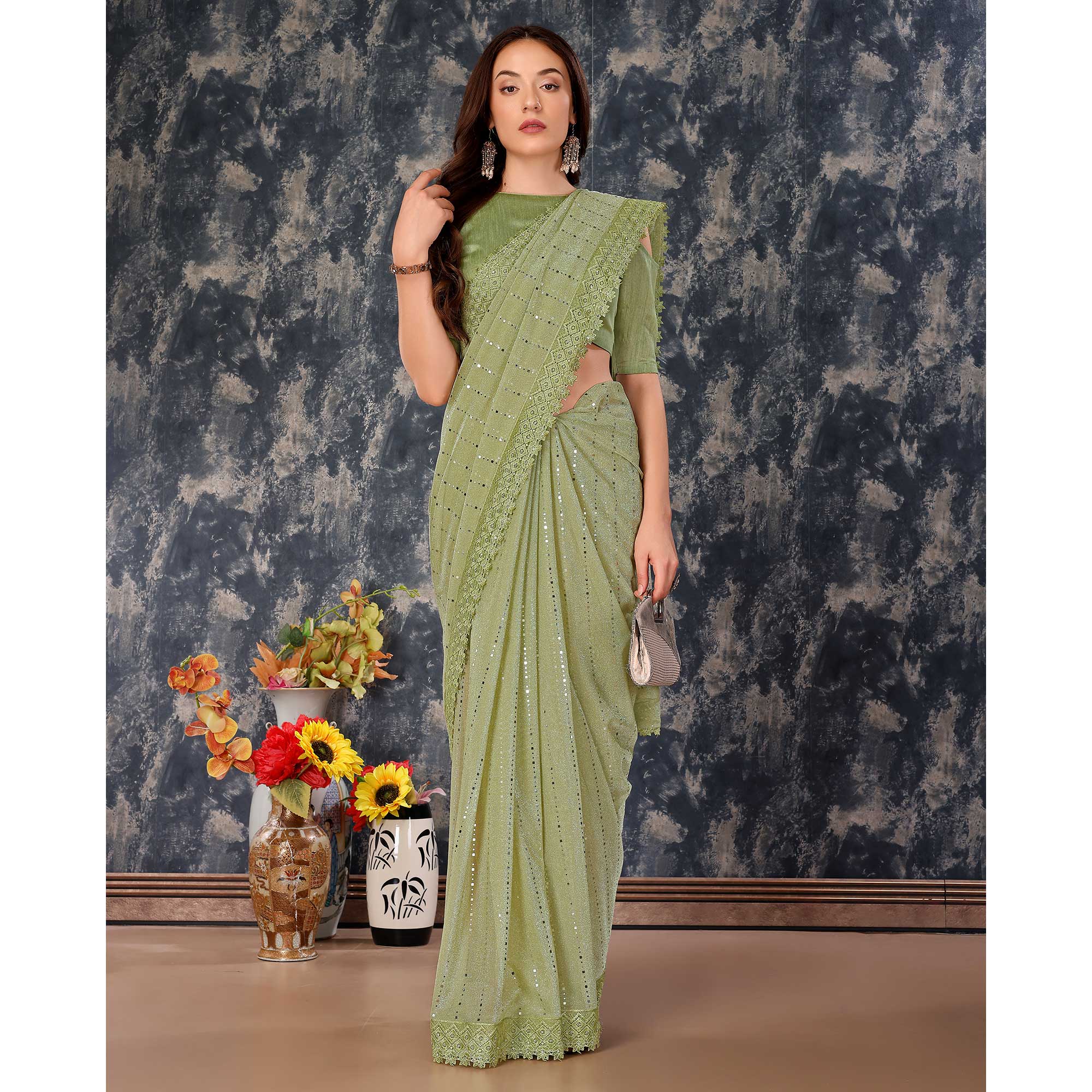 Green Tikali With Floral Embroidered Lycra Saree