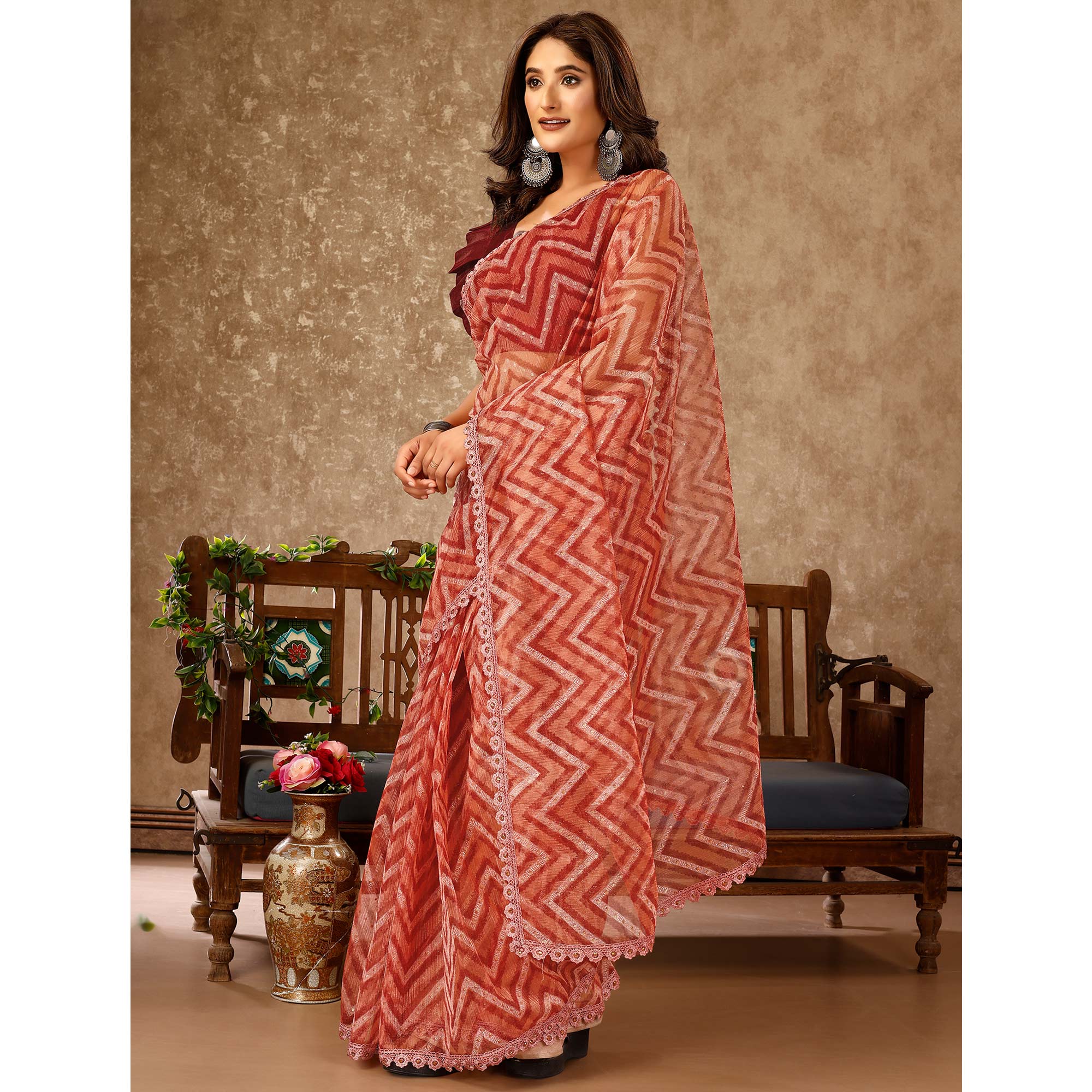 Peach Zig Zag Printed With Stone Work Organza Ready To Wear Saree