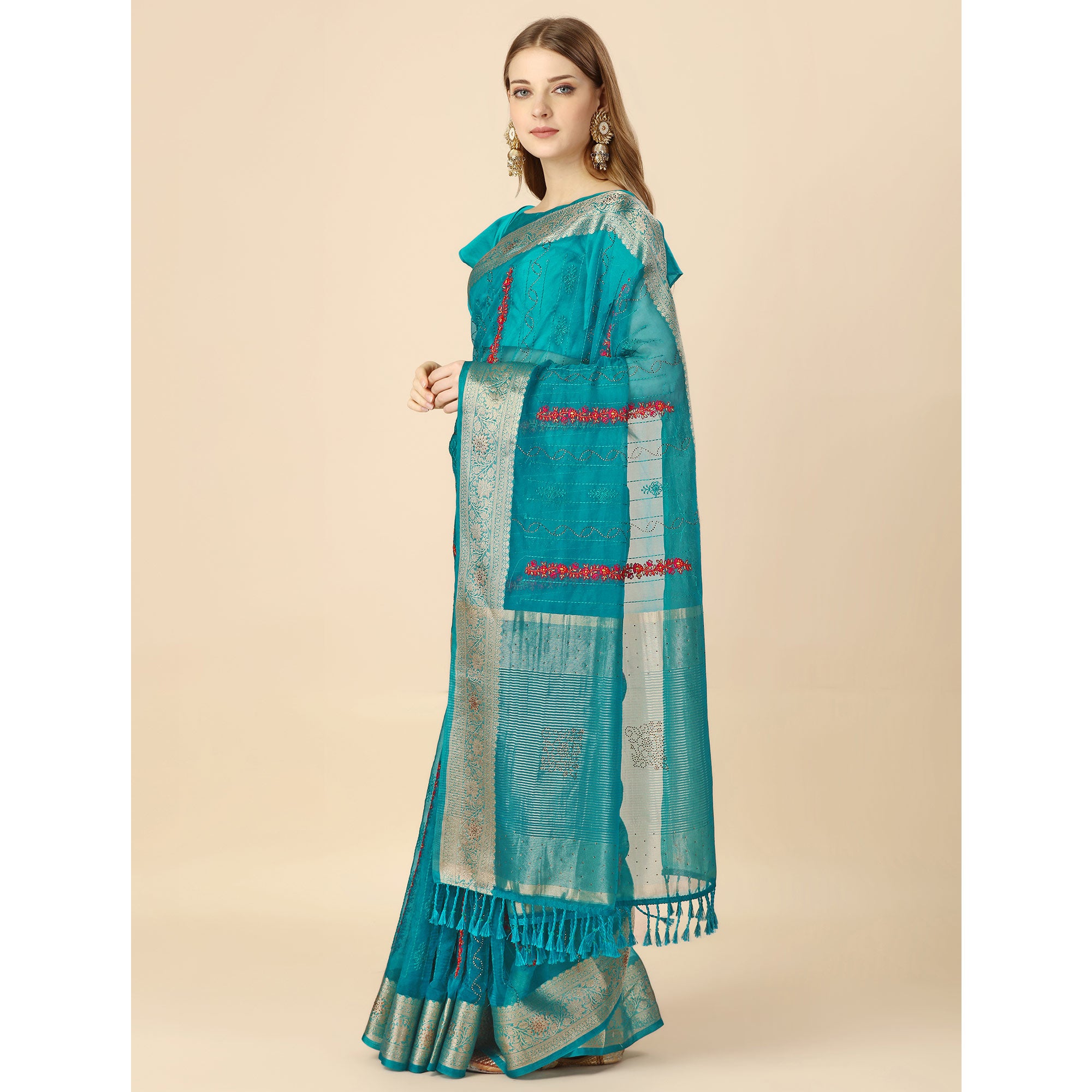 Rama Blue Floral Embroidery With Swarovski Work Organza Saree
