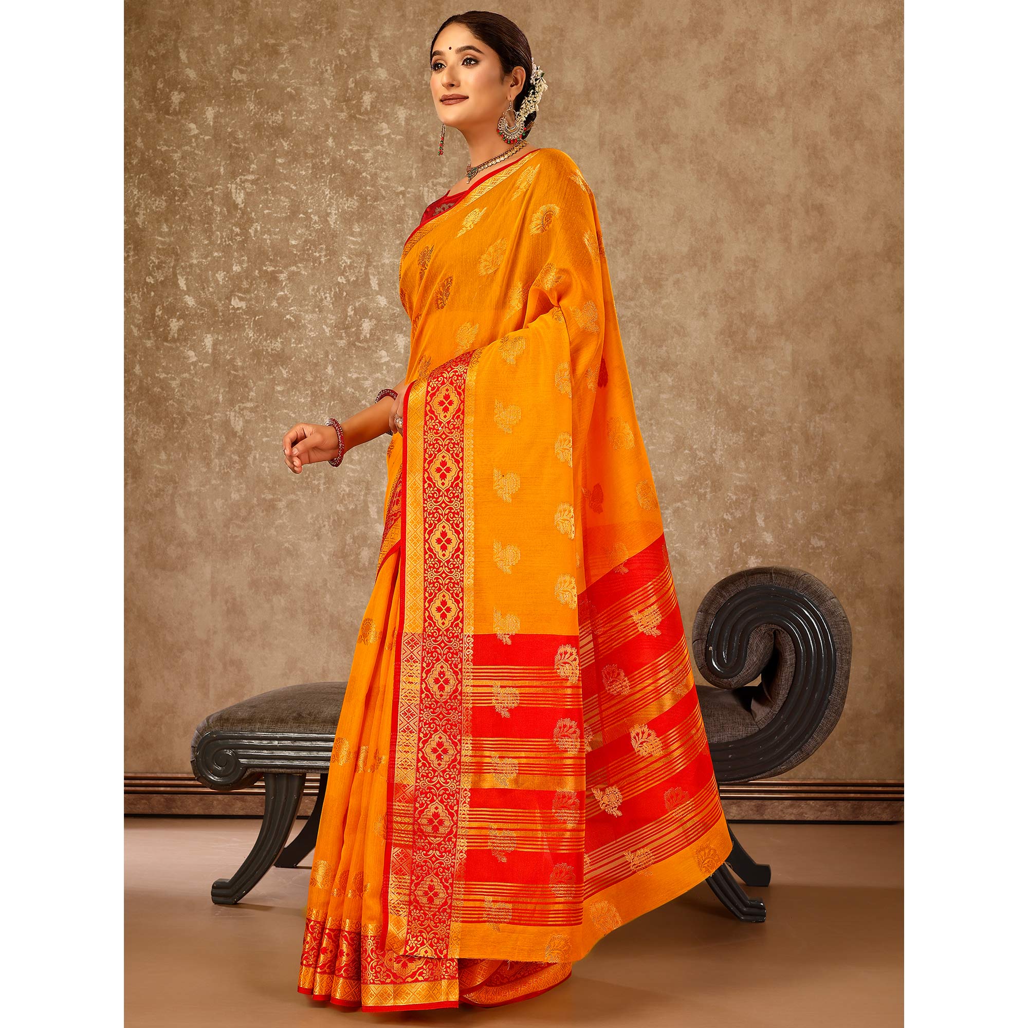 Mustard Floral Zari Woven Cotton Silk Saree