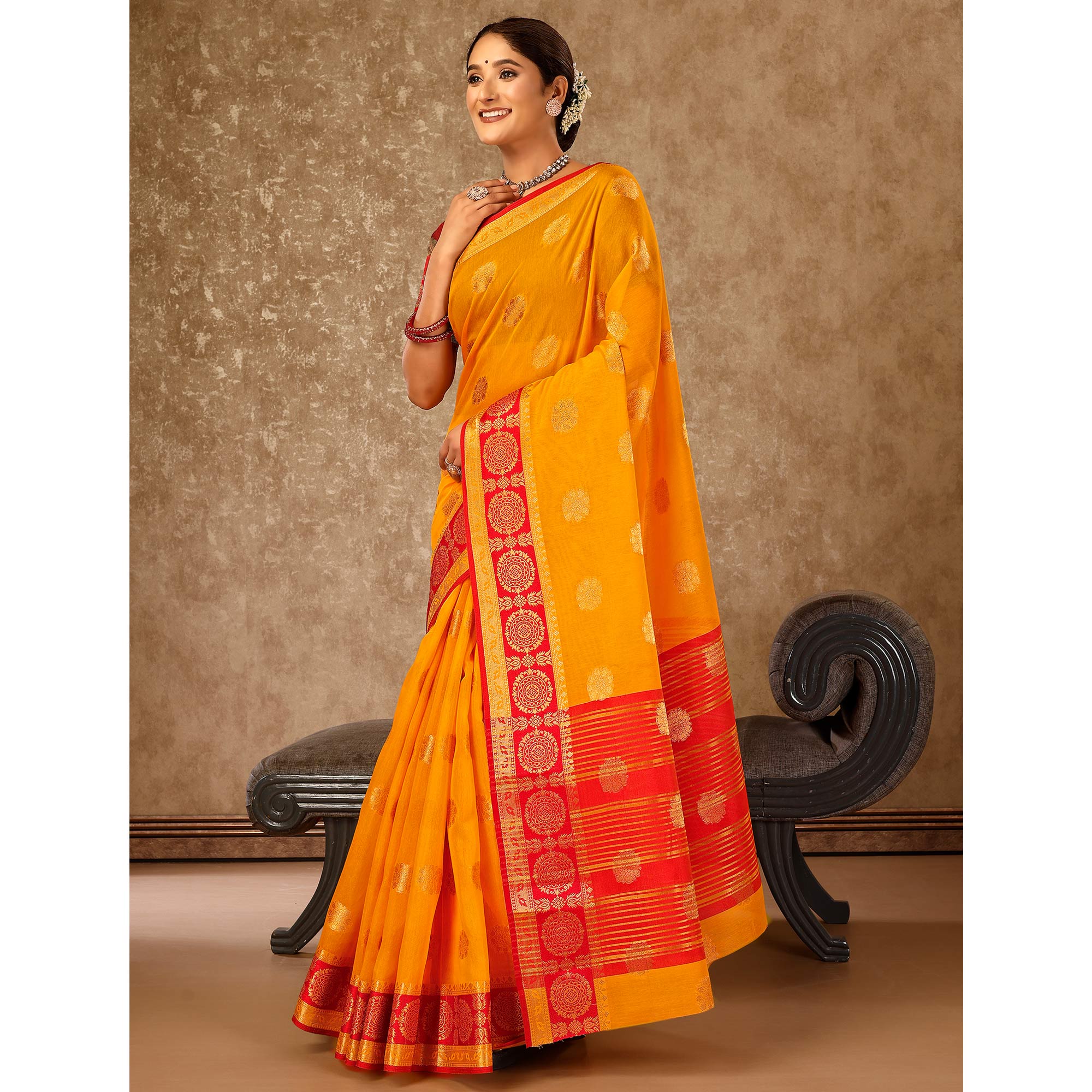 Mustard Floral Zari Woven Cotton Silk Saree