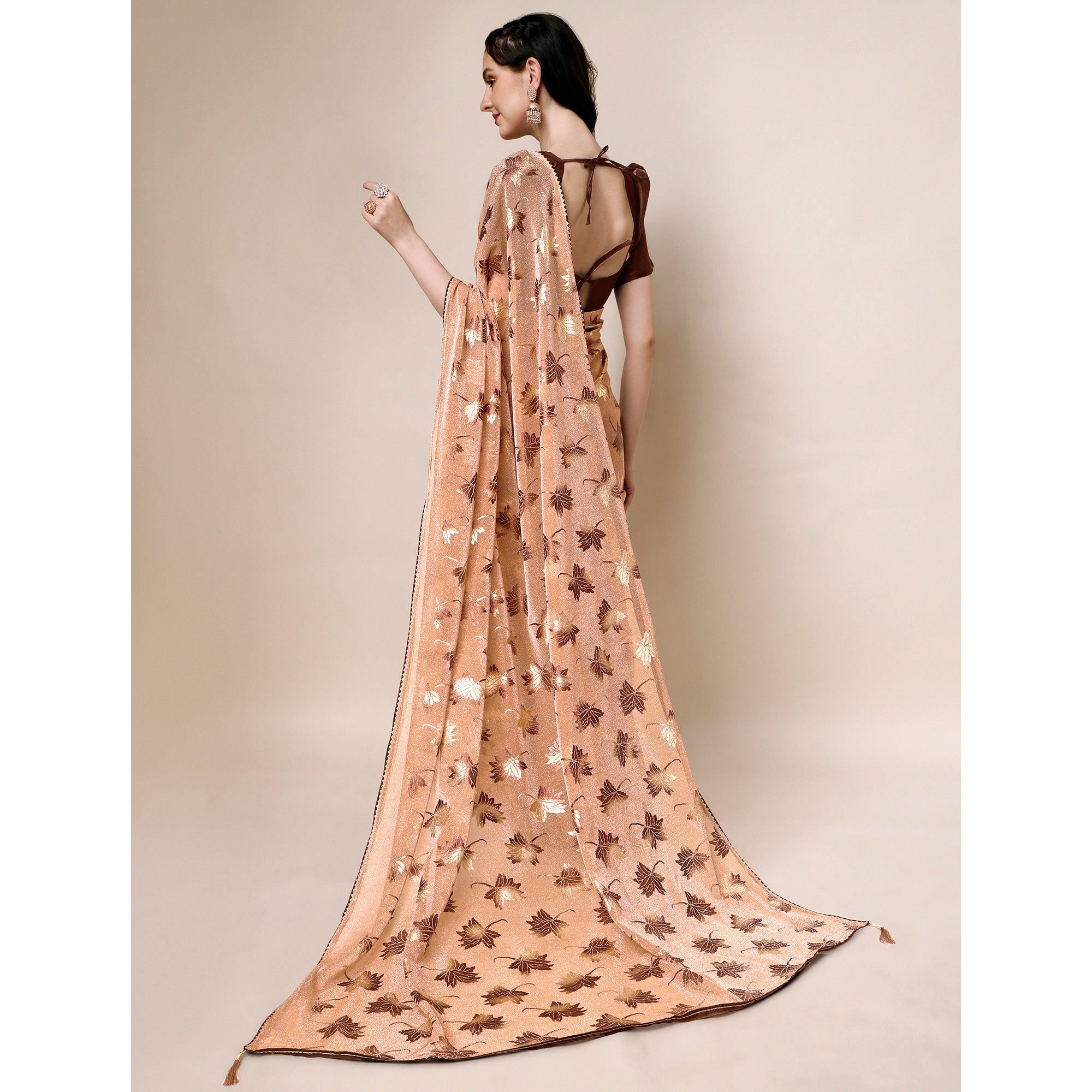 Peach Floral Foil Printed Rayon Saree