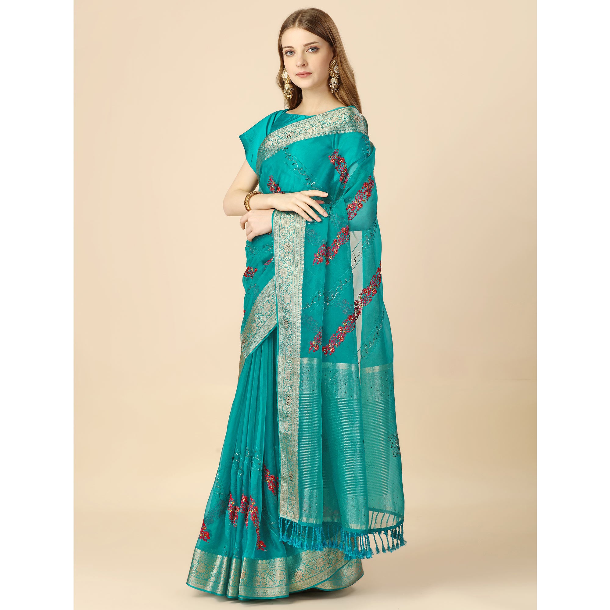 Rama Blue Floral Embroidery With Swarovski Work Organza Saree