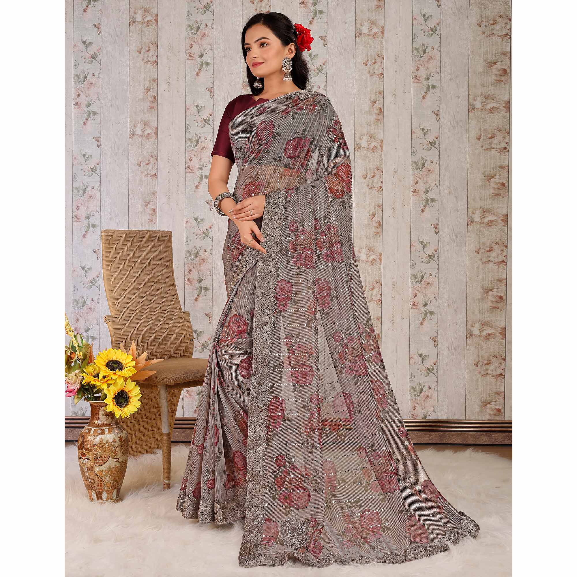 Grey Floral Digital Printed Lycra Saree With Embroidered Border