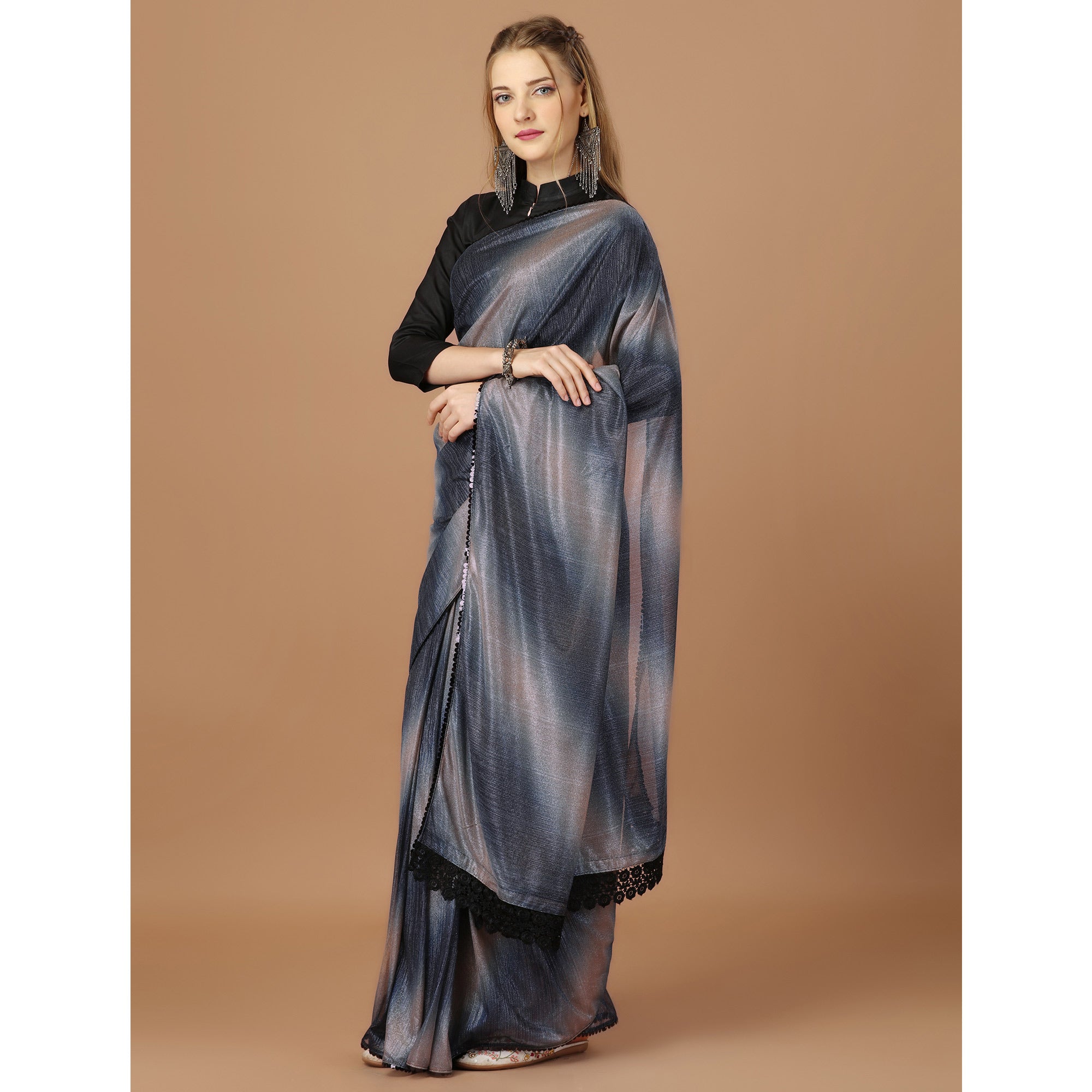 Blue Digital Printed Lycra Saree With Lace Border