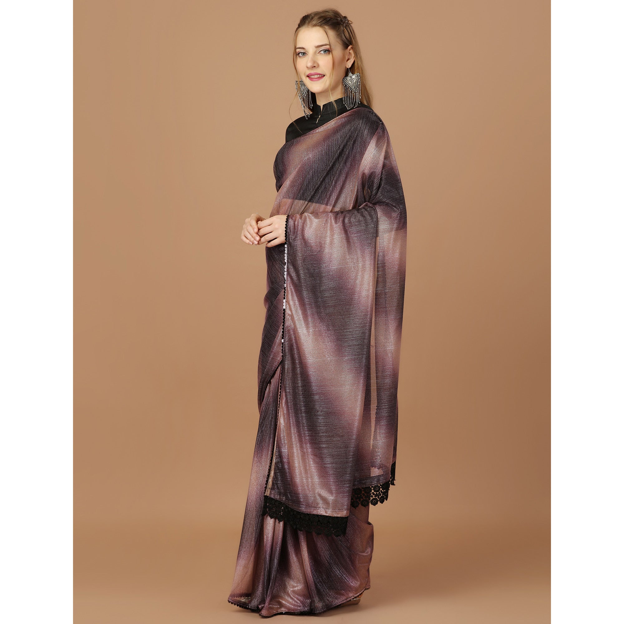 Purple Digital Printed Lycra Saree With Lace Border