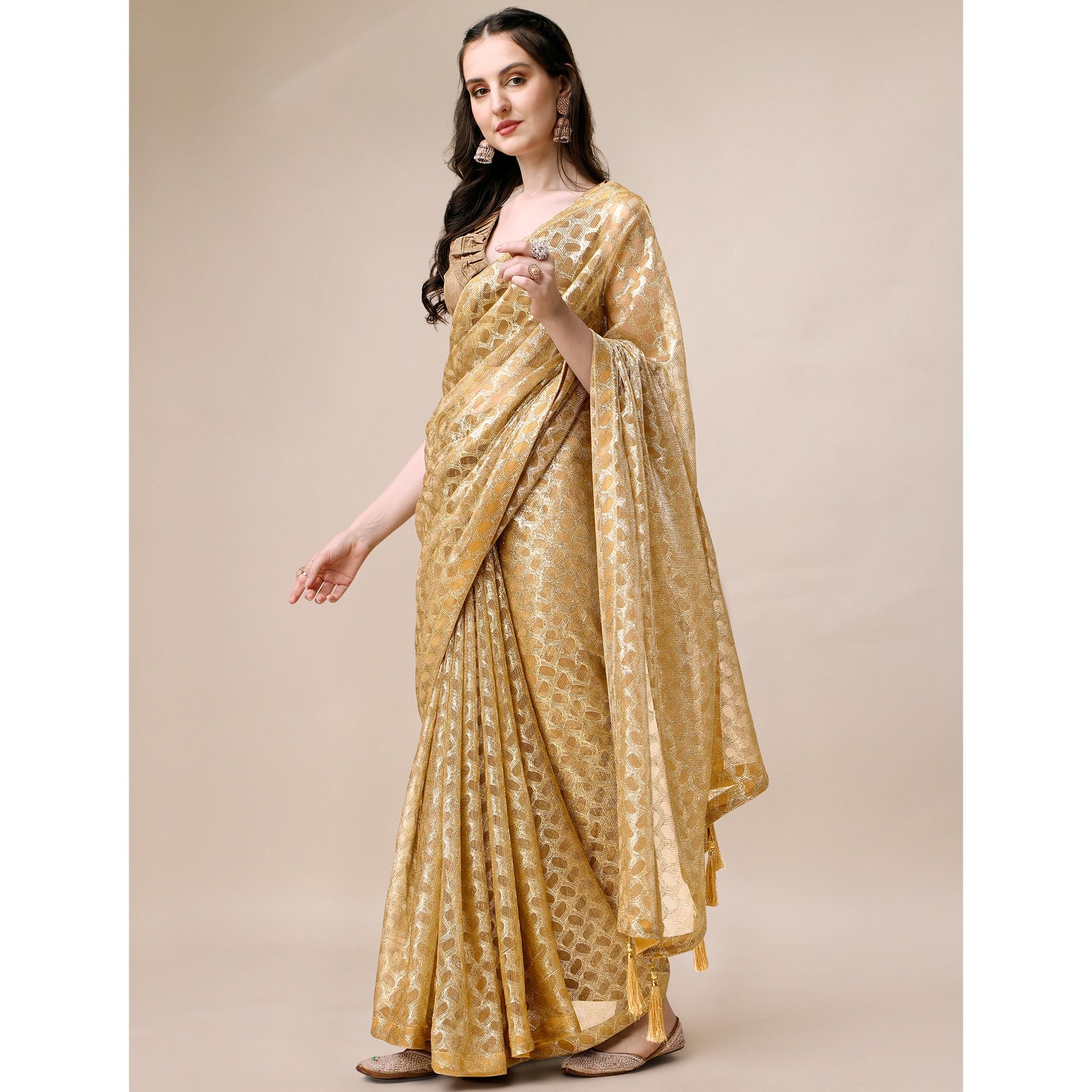 Mustard Foil Printed Rayon Saree