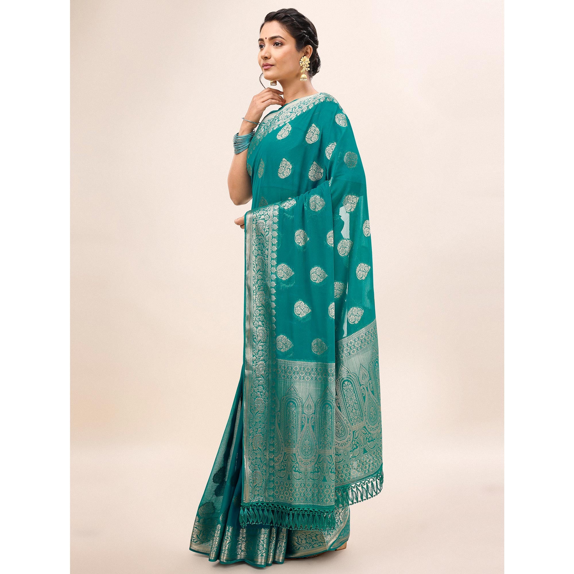 Turquoise Blue Woven Chiffon Saree With Tassels