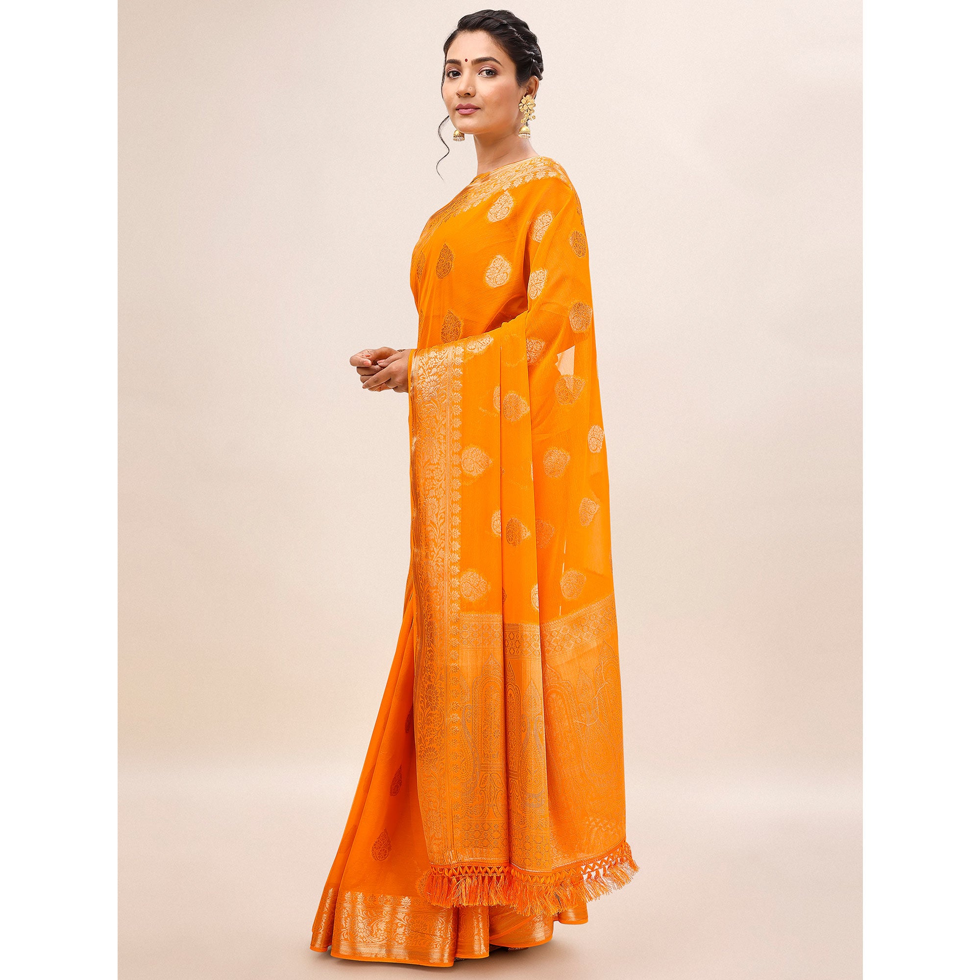 Yellow Woven Chiffon Saree With Tassels