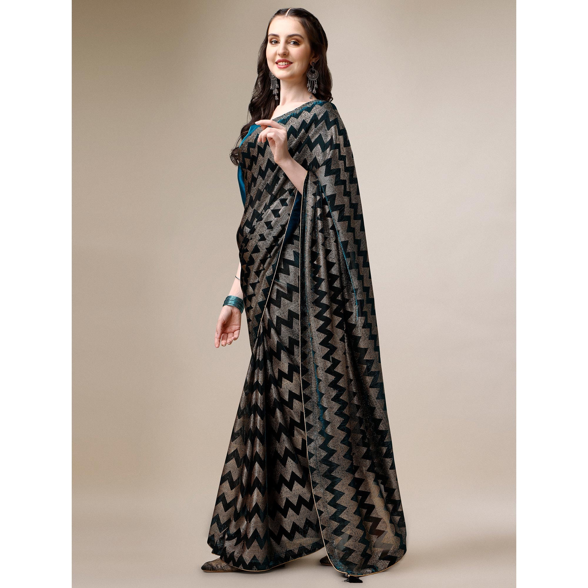 Teal Blue Digital Foil Printed Rayon Saree