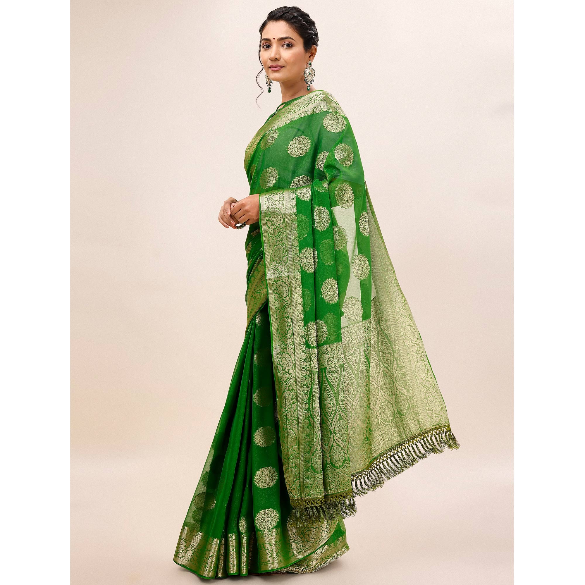 Green Woven Chiffon Saree With Tassels
