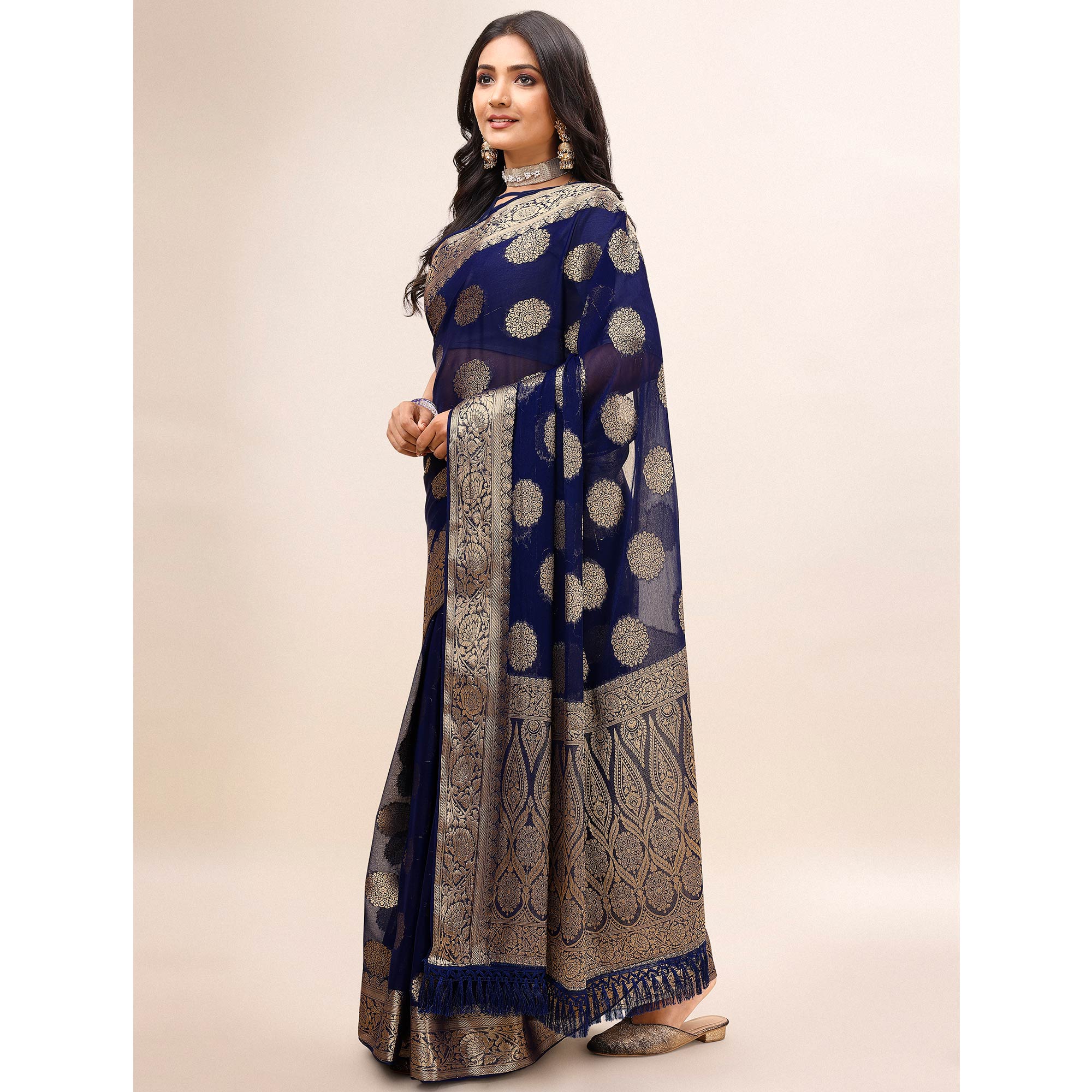Navy Blue Woven Chiffon Saree With Tassels