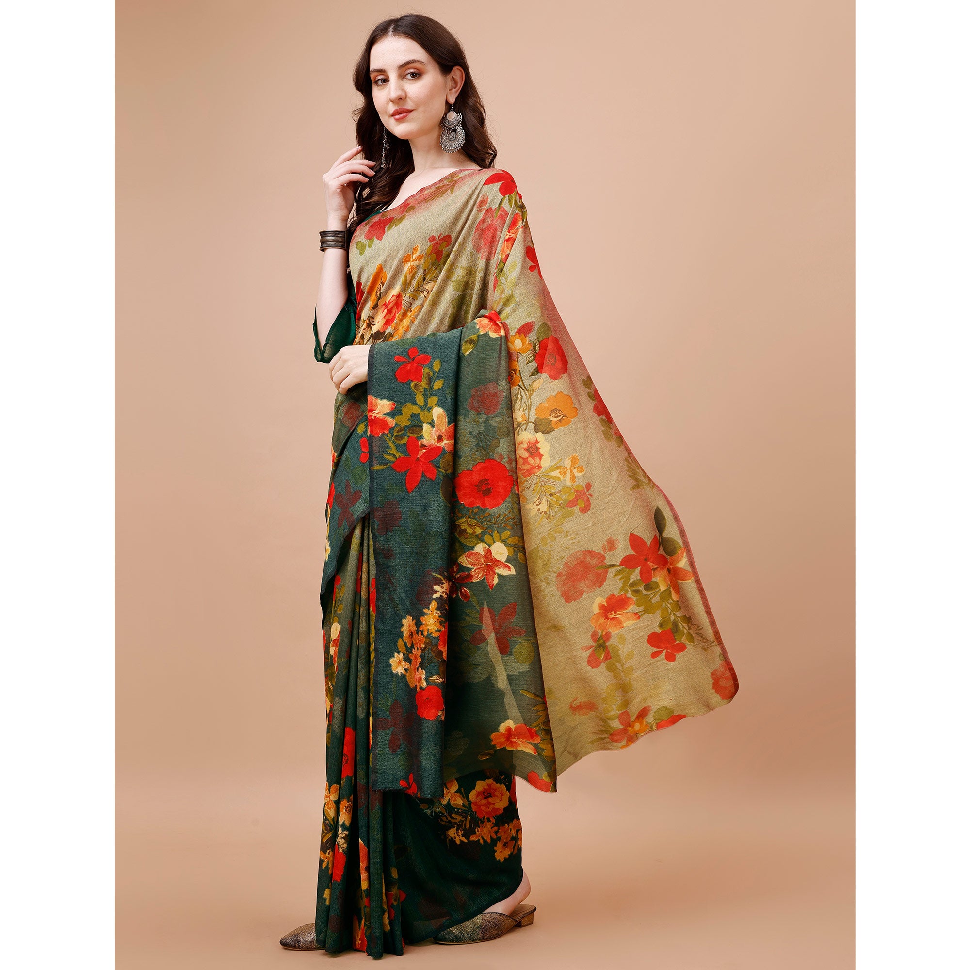 Green & Brown Floral Printed Vichitra Silk Saree