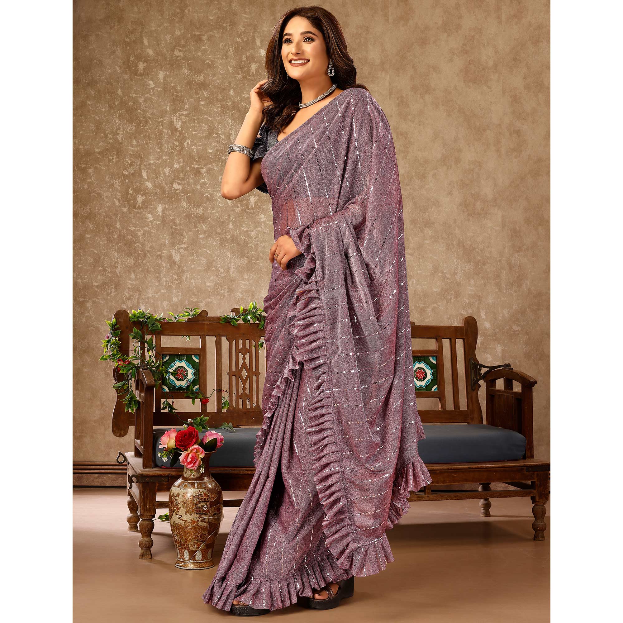 Purple Tikki Work Lycra Ready To Wear Ruffle Saree