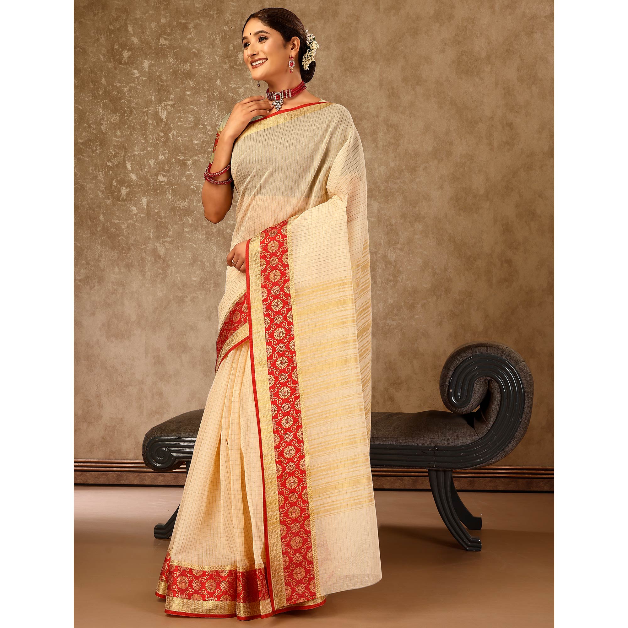 Beige Zari Woven Cotton Silk Saree