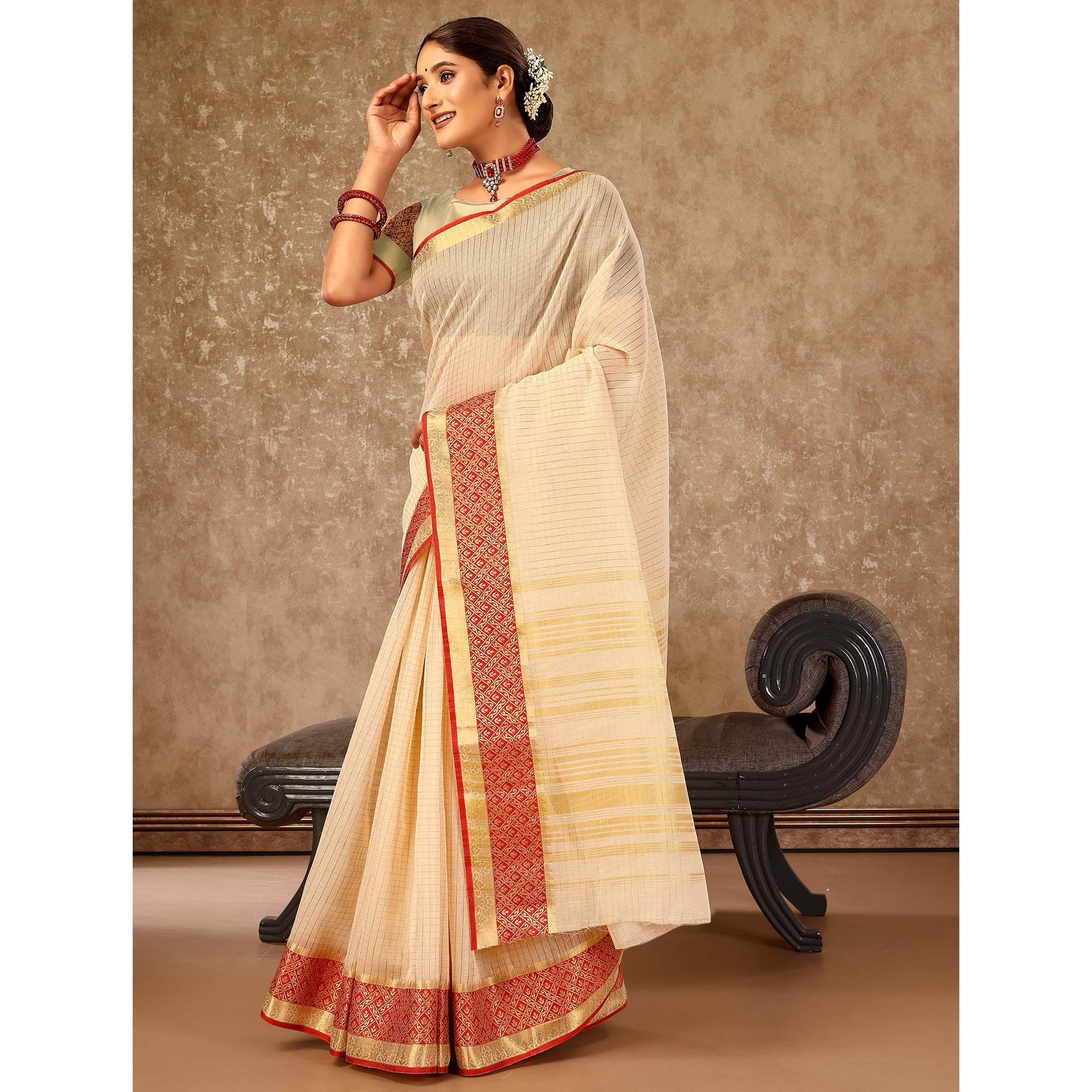 Beige Zari Woven Cotton Silk Saree