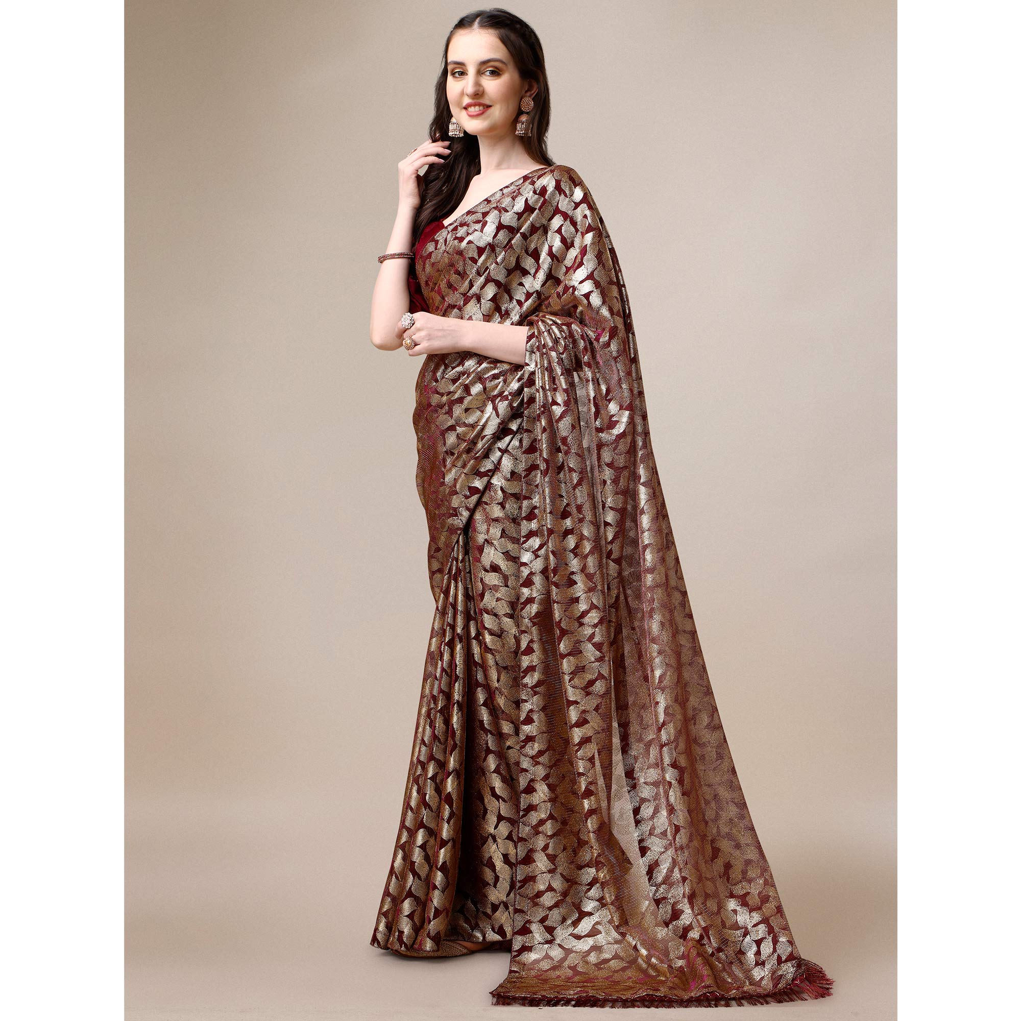 Wine & Gold Foil Printed Rayon Saree