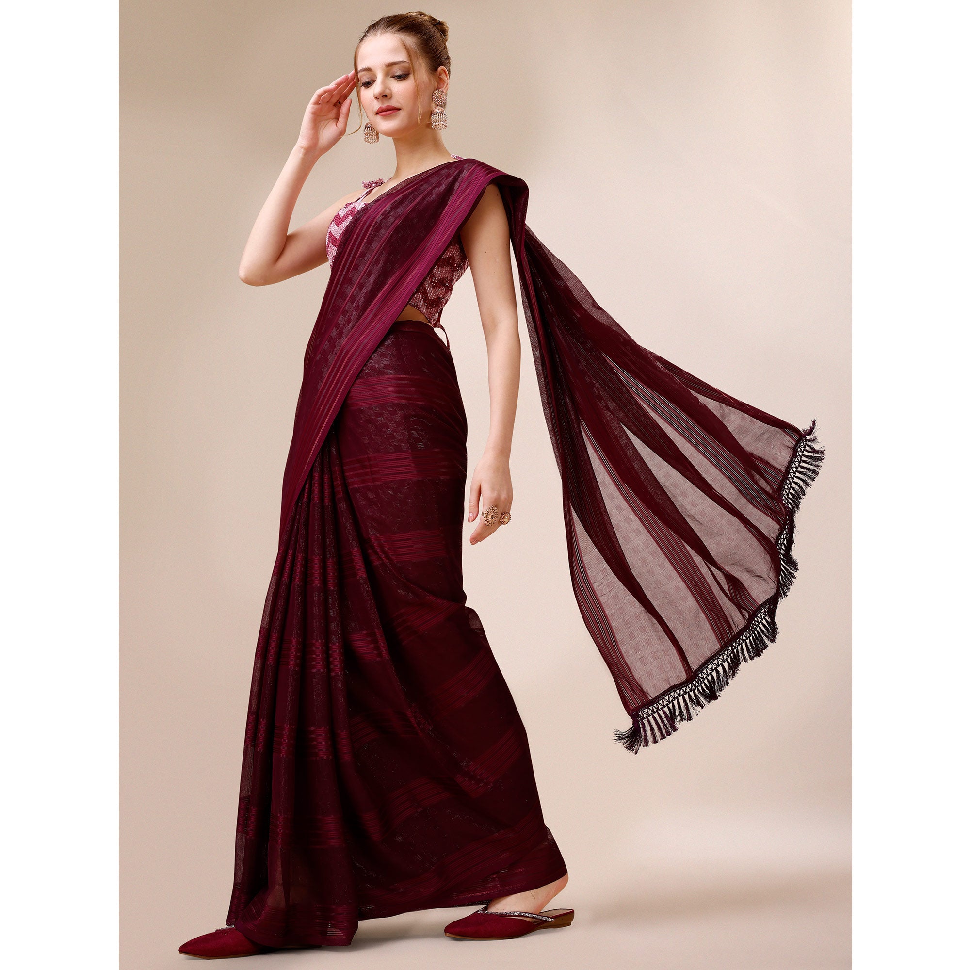 Wine Striped Woven Chiffon Saree