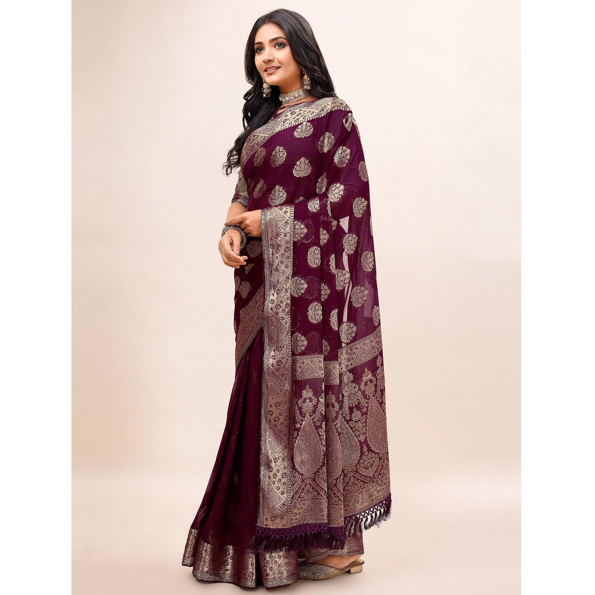Wine Woven Chiffon Saree With Tassels