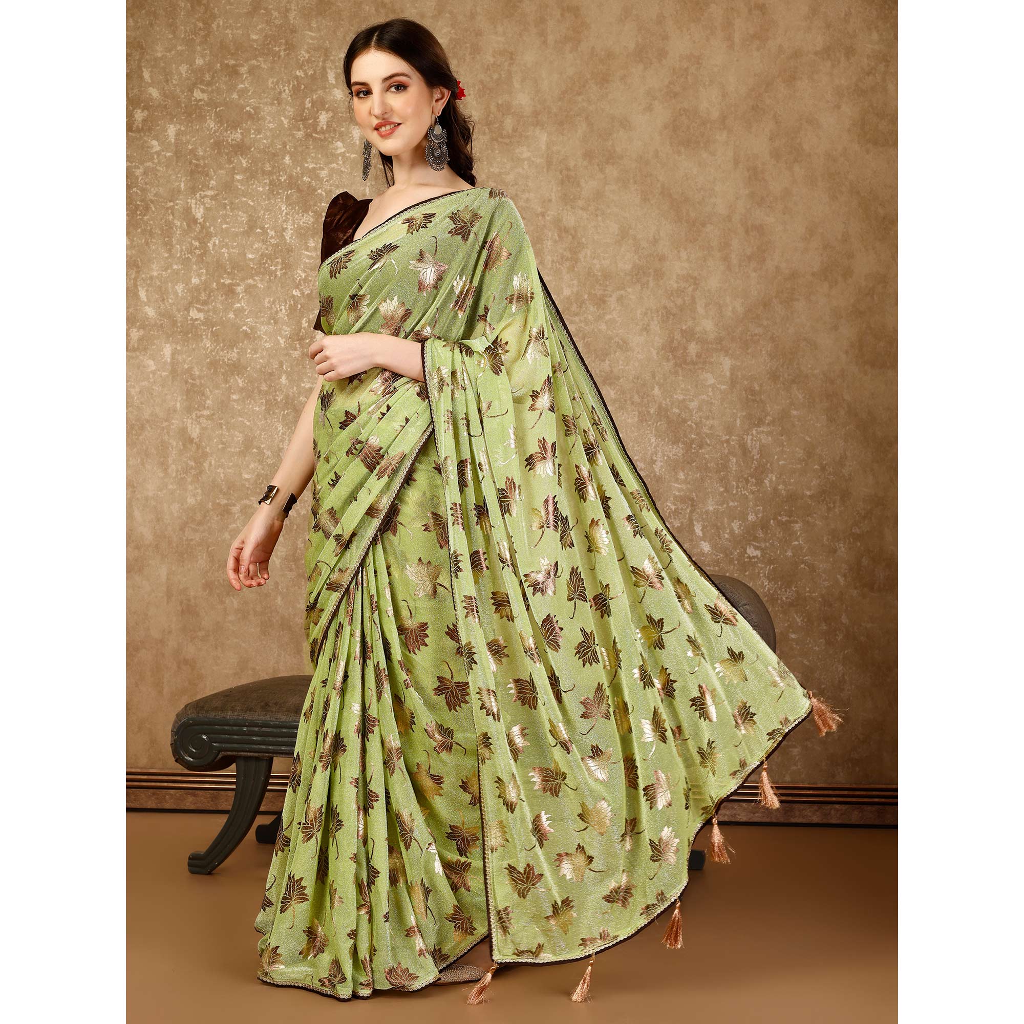 Green Foil Printed Lycra Ready To Wear Saree