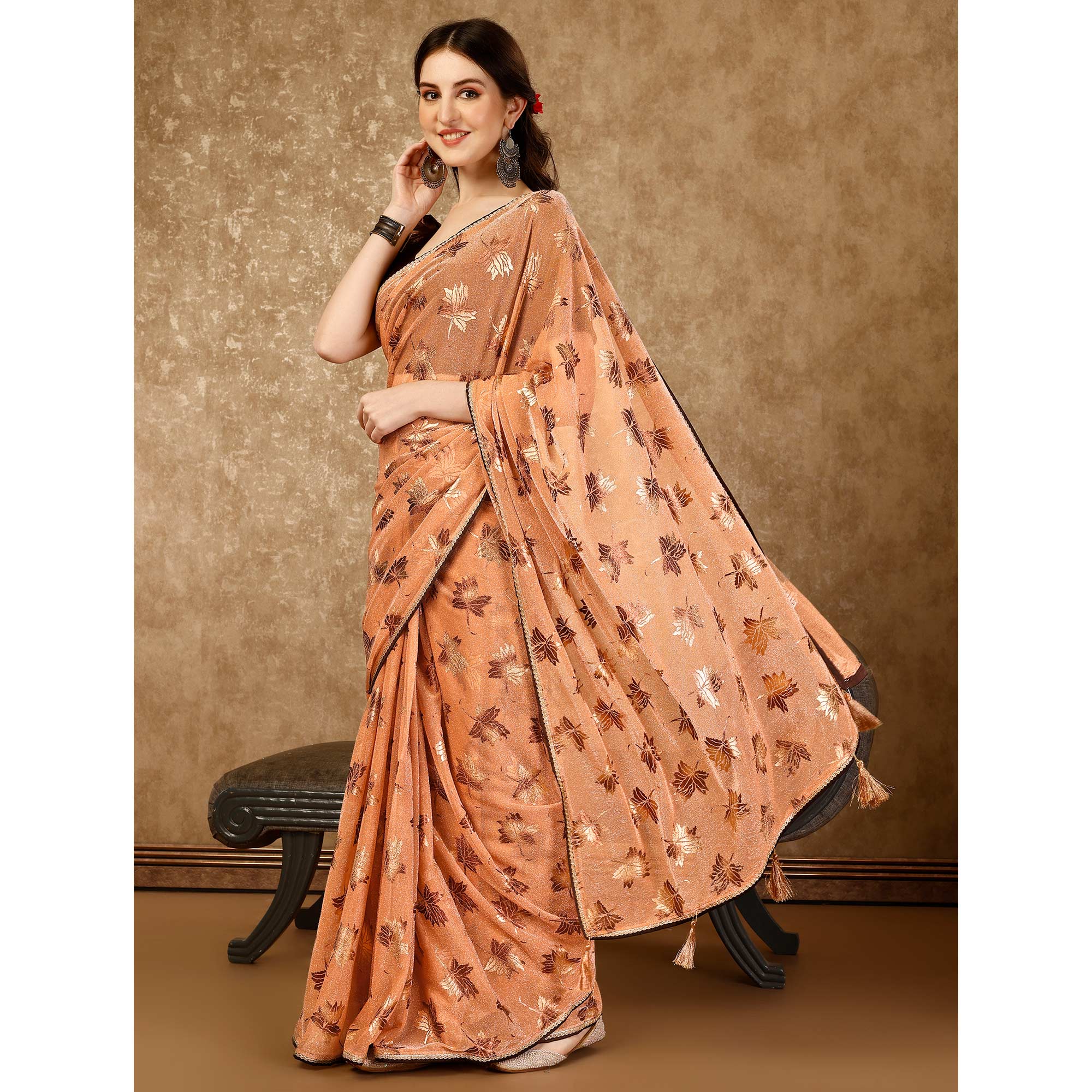 Peach Foil Printed Lycra Ready To Wear Saree