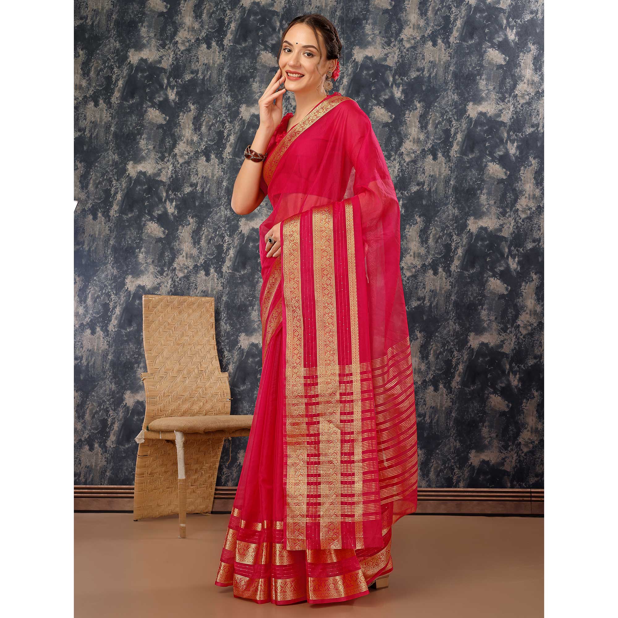 Pink Floral Zari Woven Organza Saree