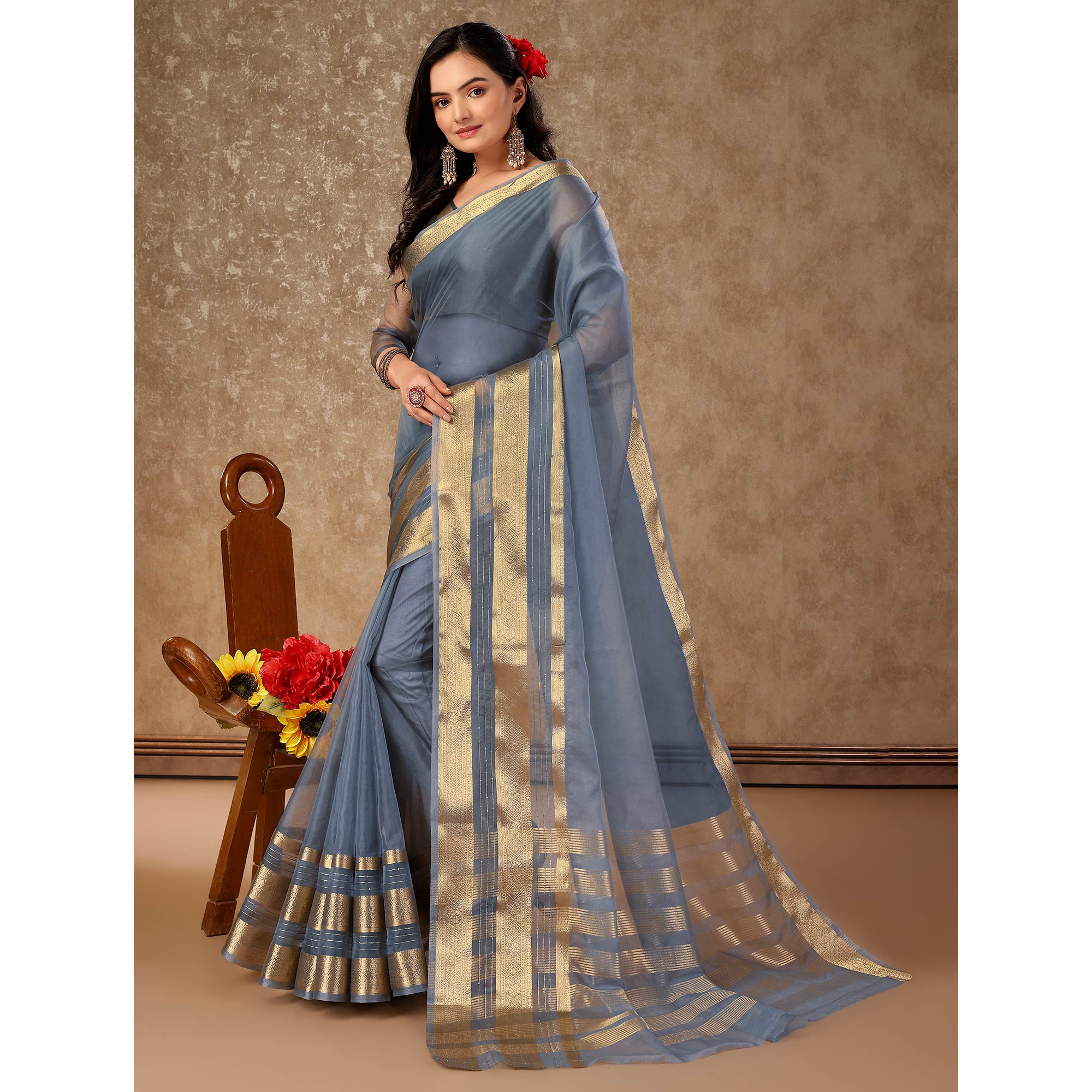 Grey Floral Zari Woven Organza Saree