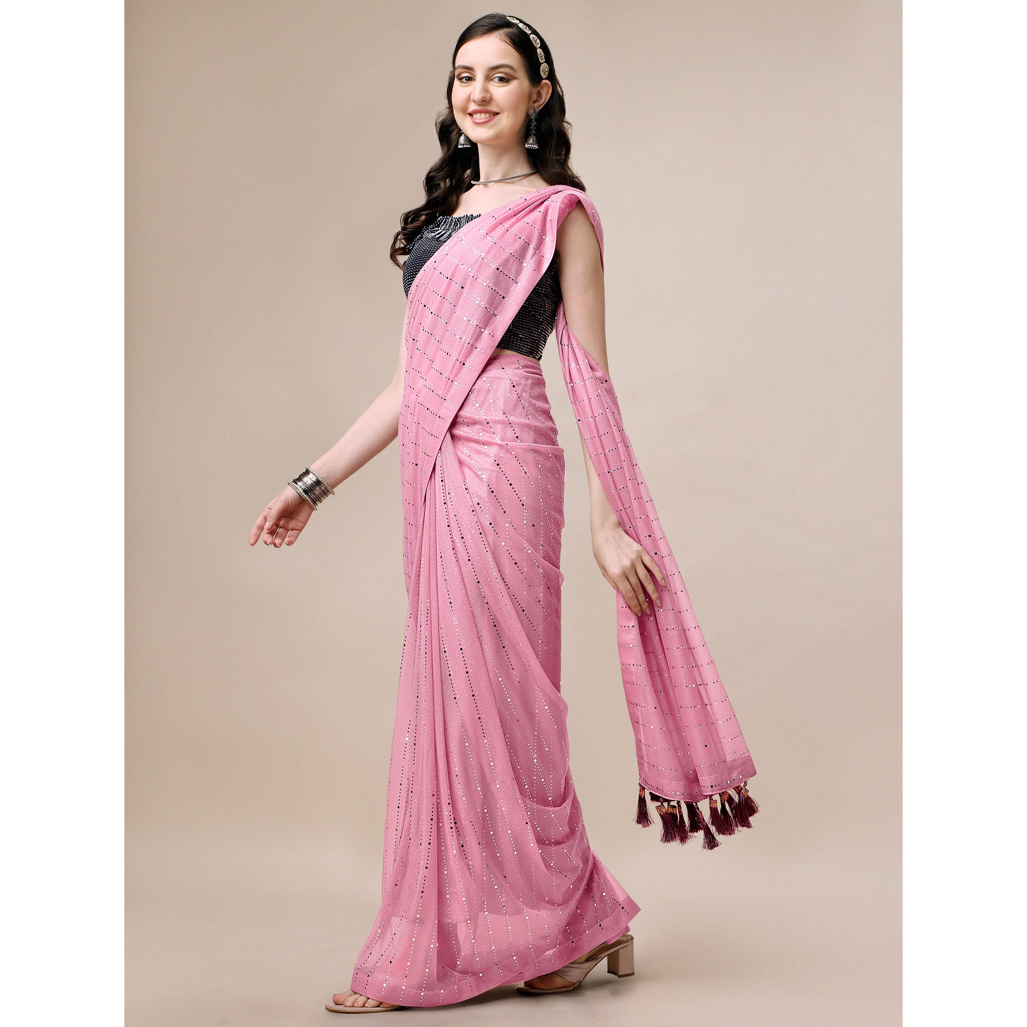 Onion Pink Striped Foil Printed Rayon Saree