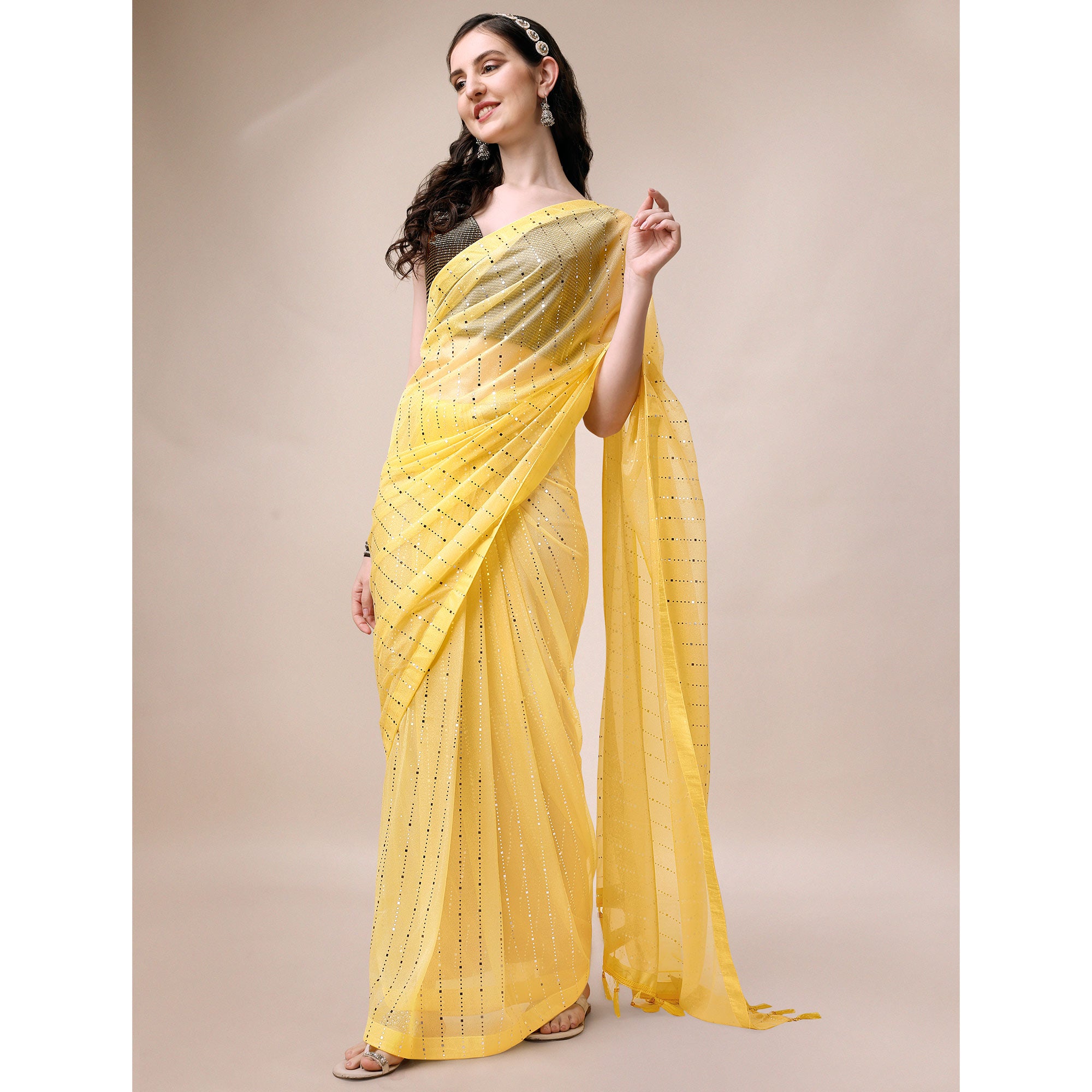Yellow Striped Foil Printed Rayon Saree