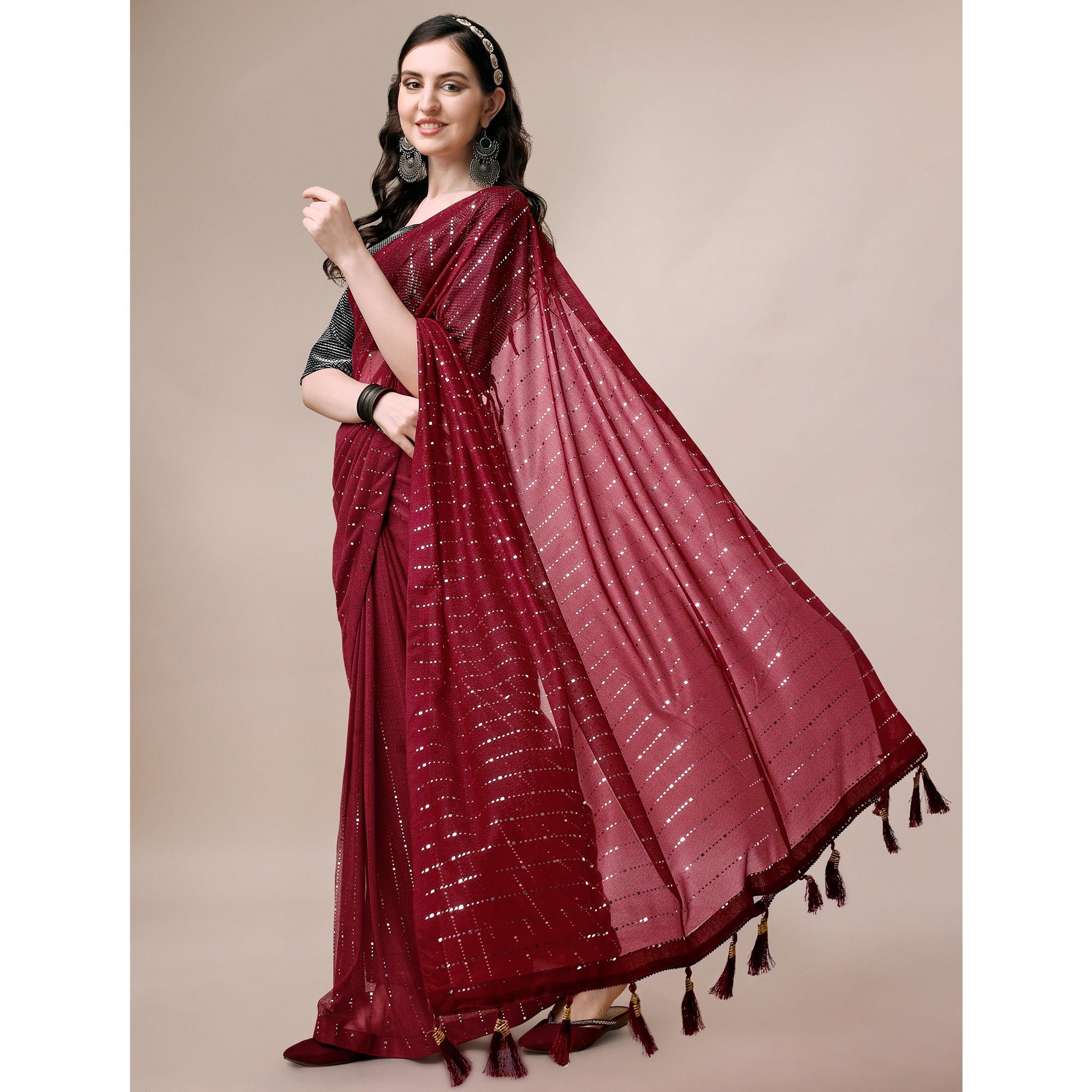 Maroon Striped Foil Printed Rayon Saree