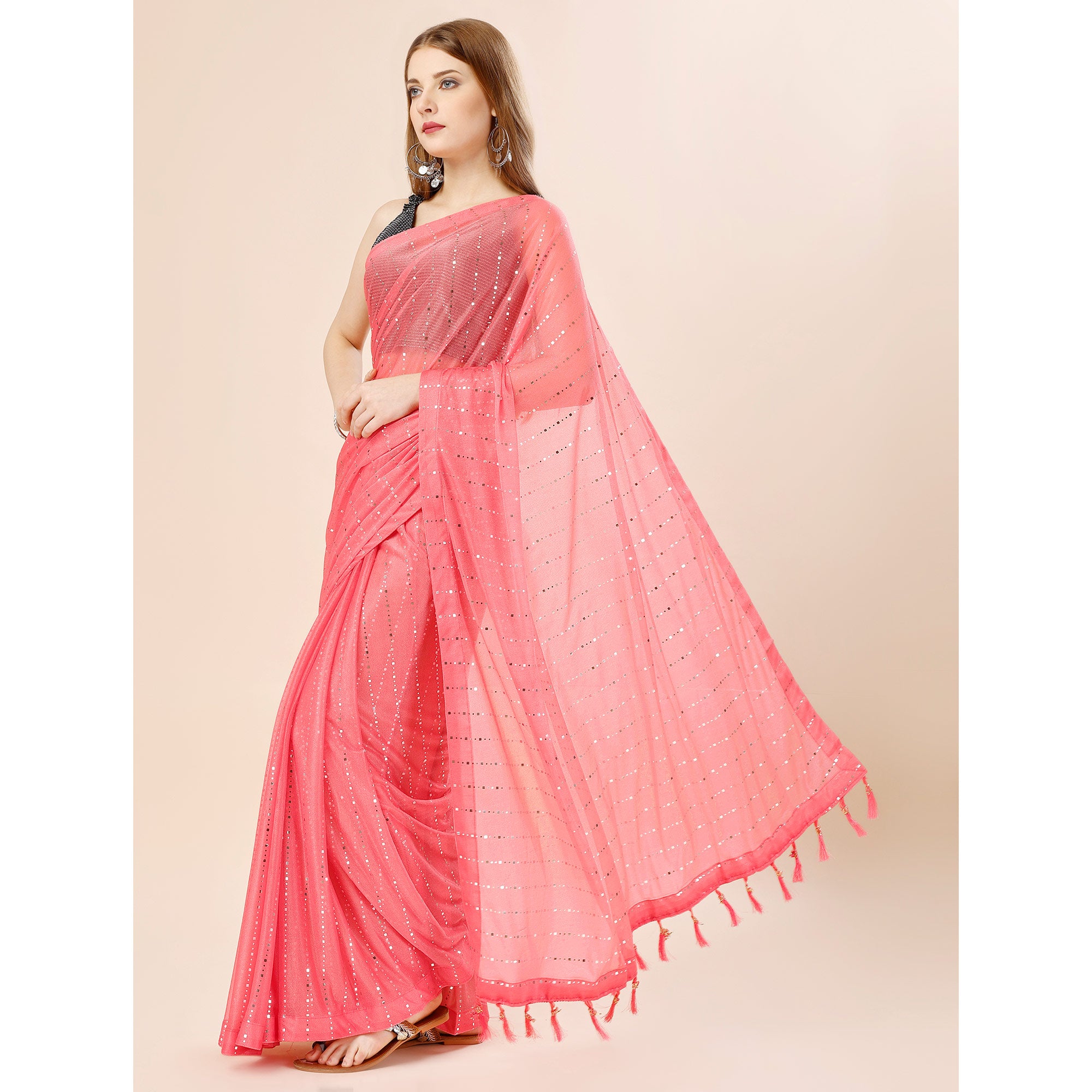 Pink Tikki Work Lycra Saree With Embroidered Border