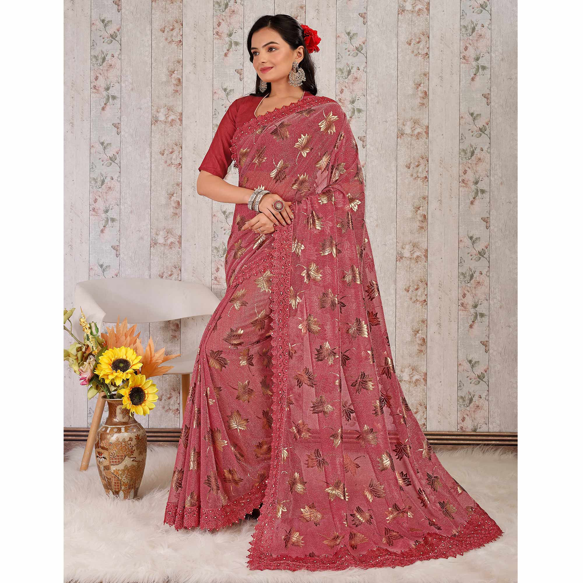 Pink Foil Printed Lycra Saree With Embroidered Lace Border
