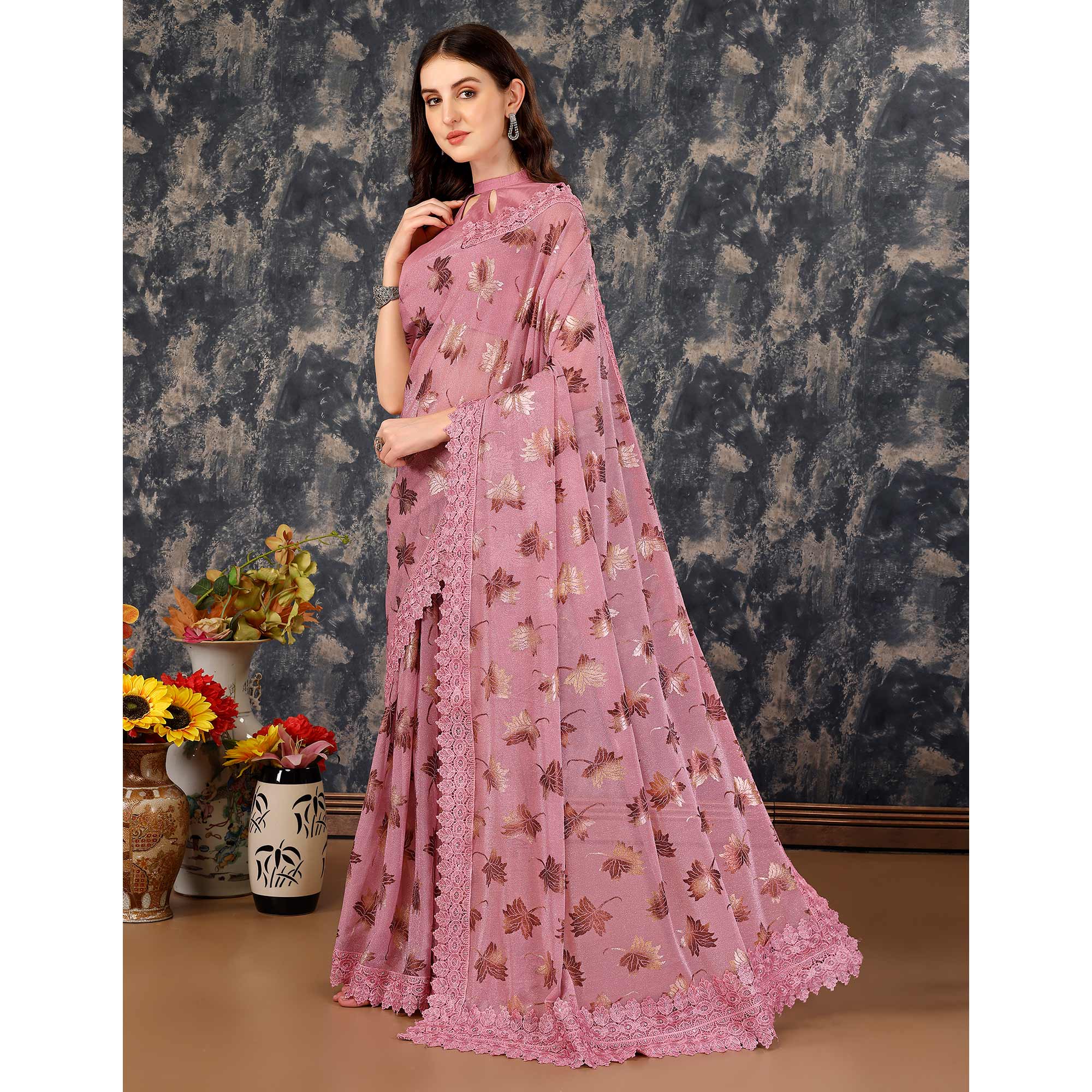 Pink Foil Printed Lycra Saree With Embroidered Lace Border